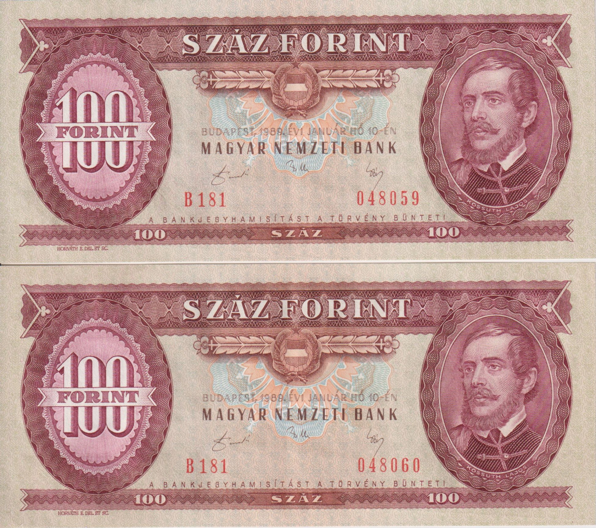 100 Forint 1989. B 181 2db sorszámkövető