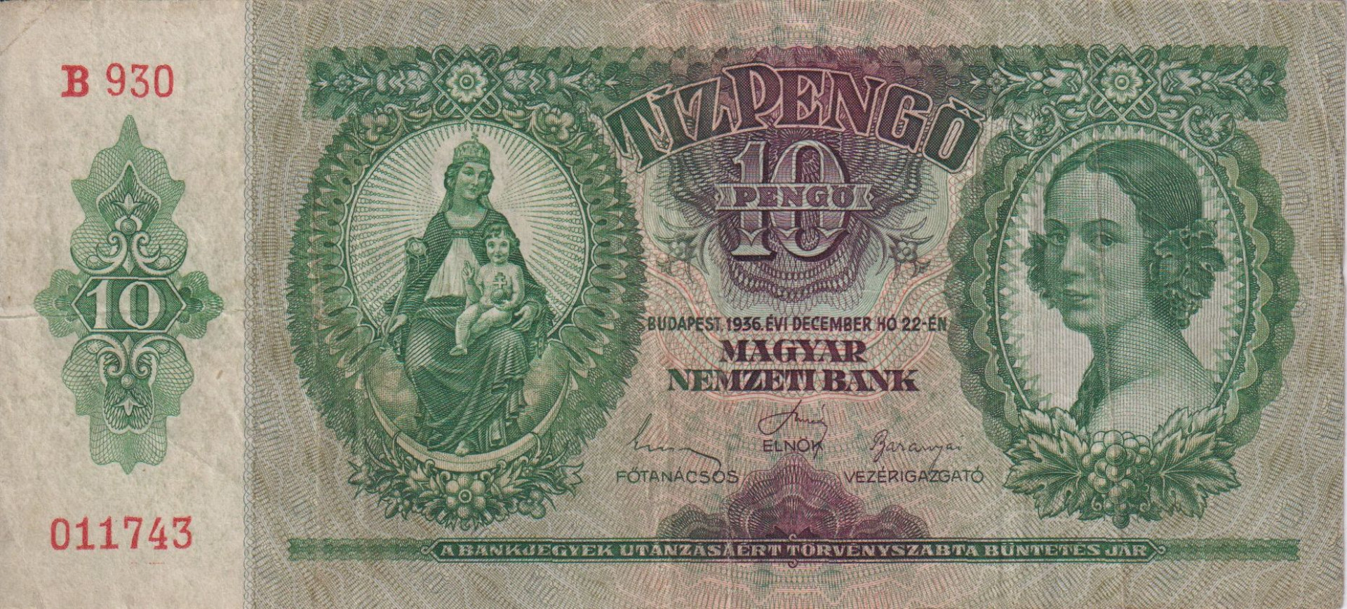 10 Pengő 1936. B 930