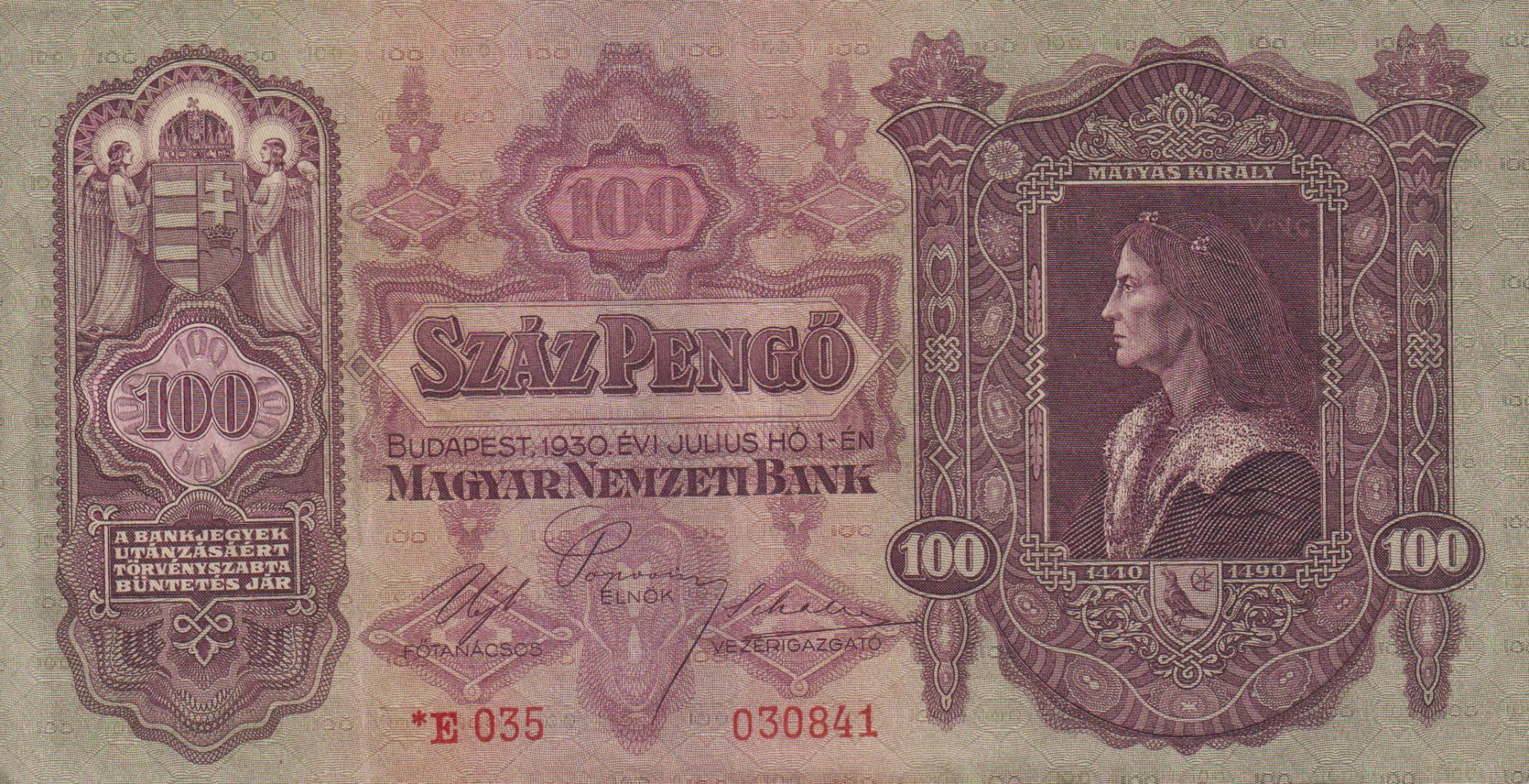 100 Pengő 1930. *E 035 csillagos