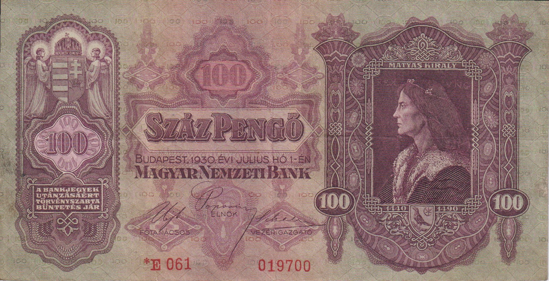 100 Pengő 1930. *E 061 csillagos