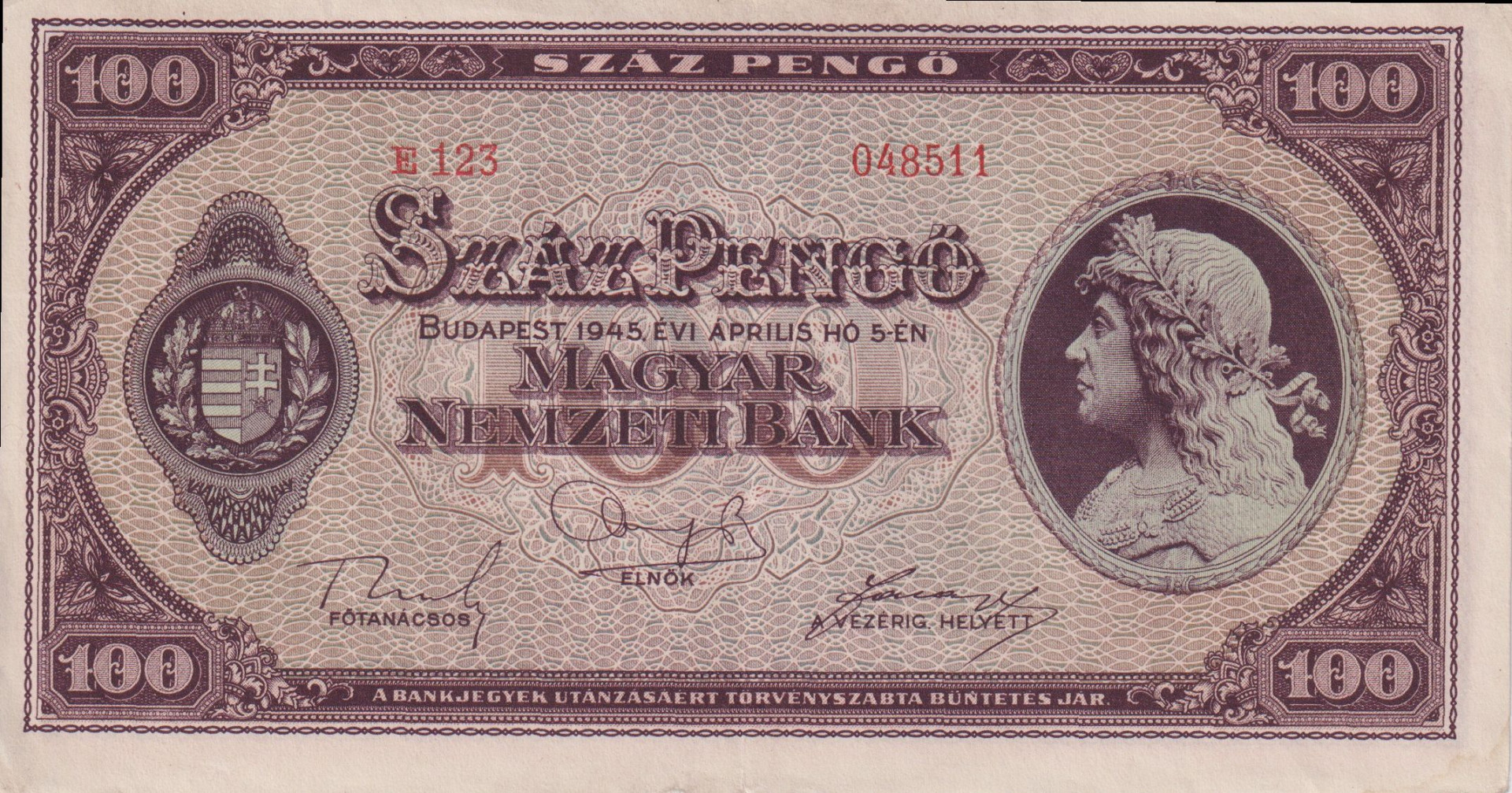 100 Pengő 1945. E 123
