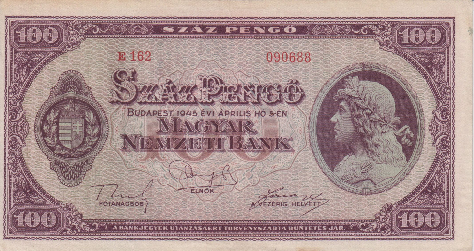 100 Pengő 1945. E 162