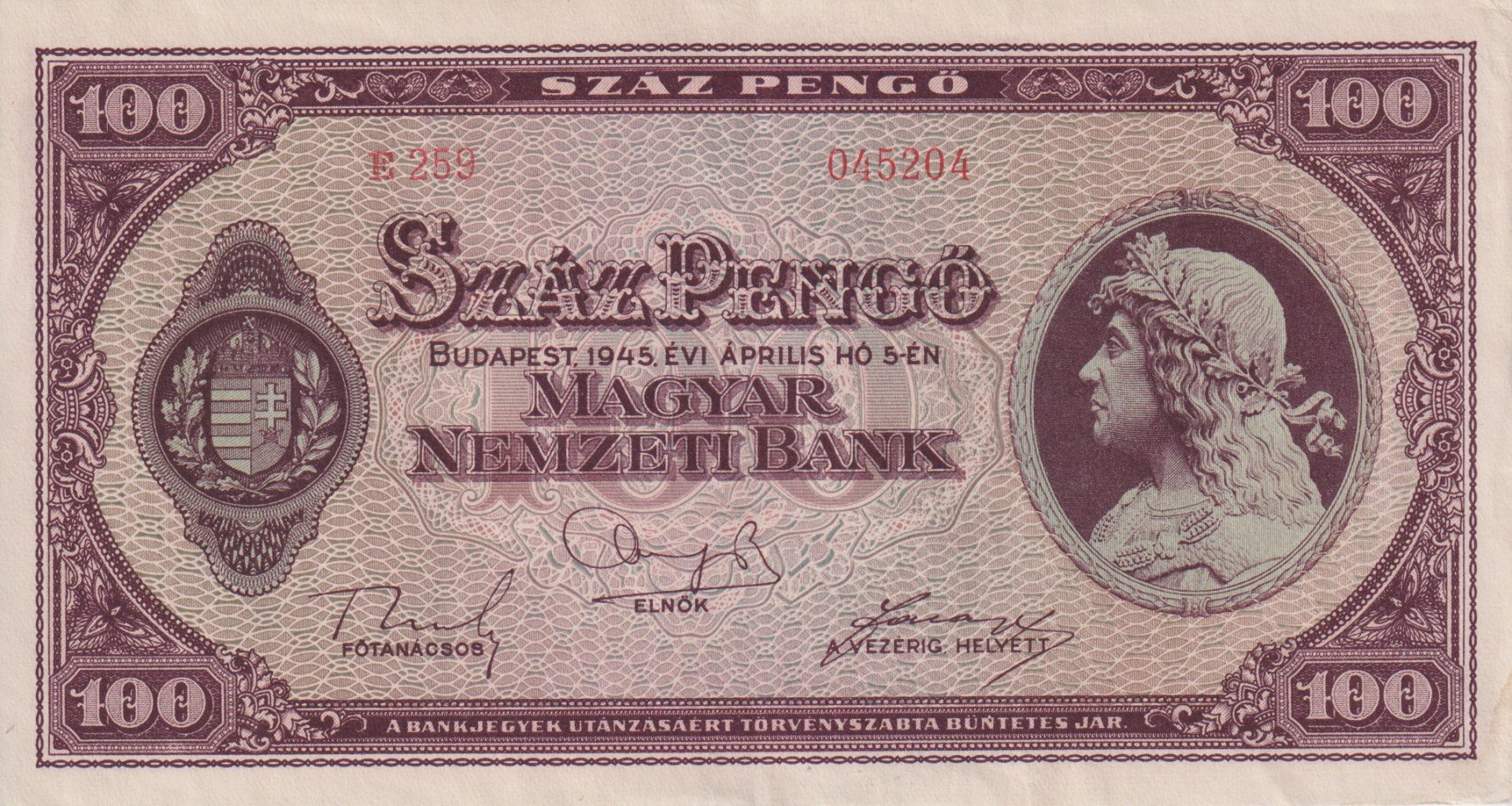 100 Pengő 1945. E 259