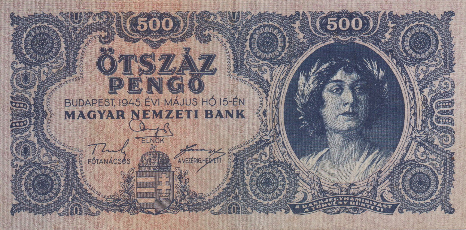 500 Pengő 1945. K 003 hibás "P" betű