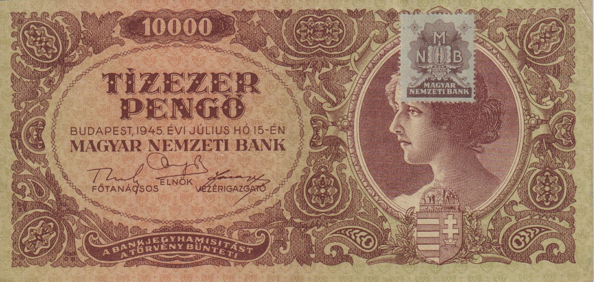 10.000 Pengő 1945. L 339 MNB bélyeggel