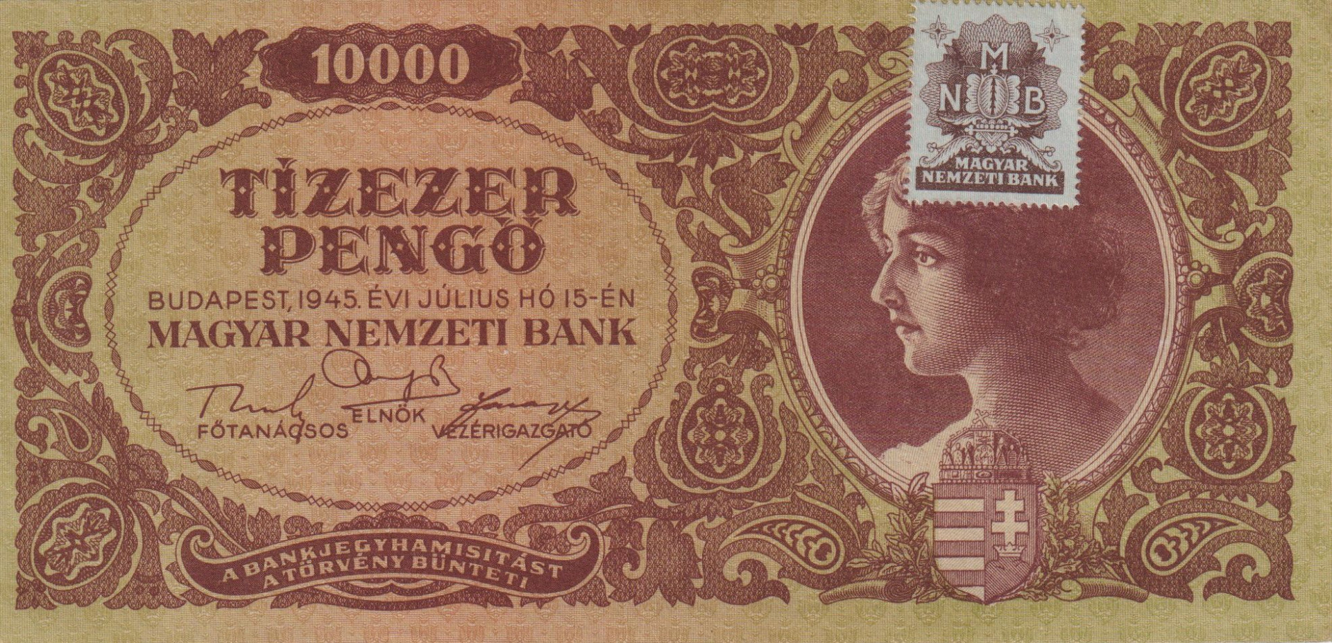 10.000 Pengő 1945. L 765 MNB bélyeggel