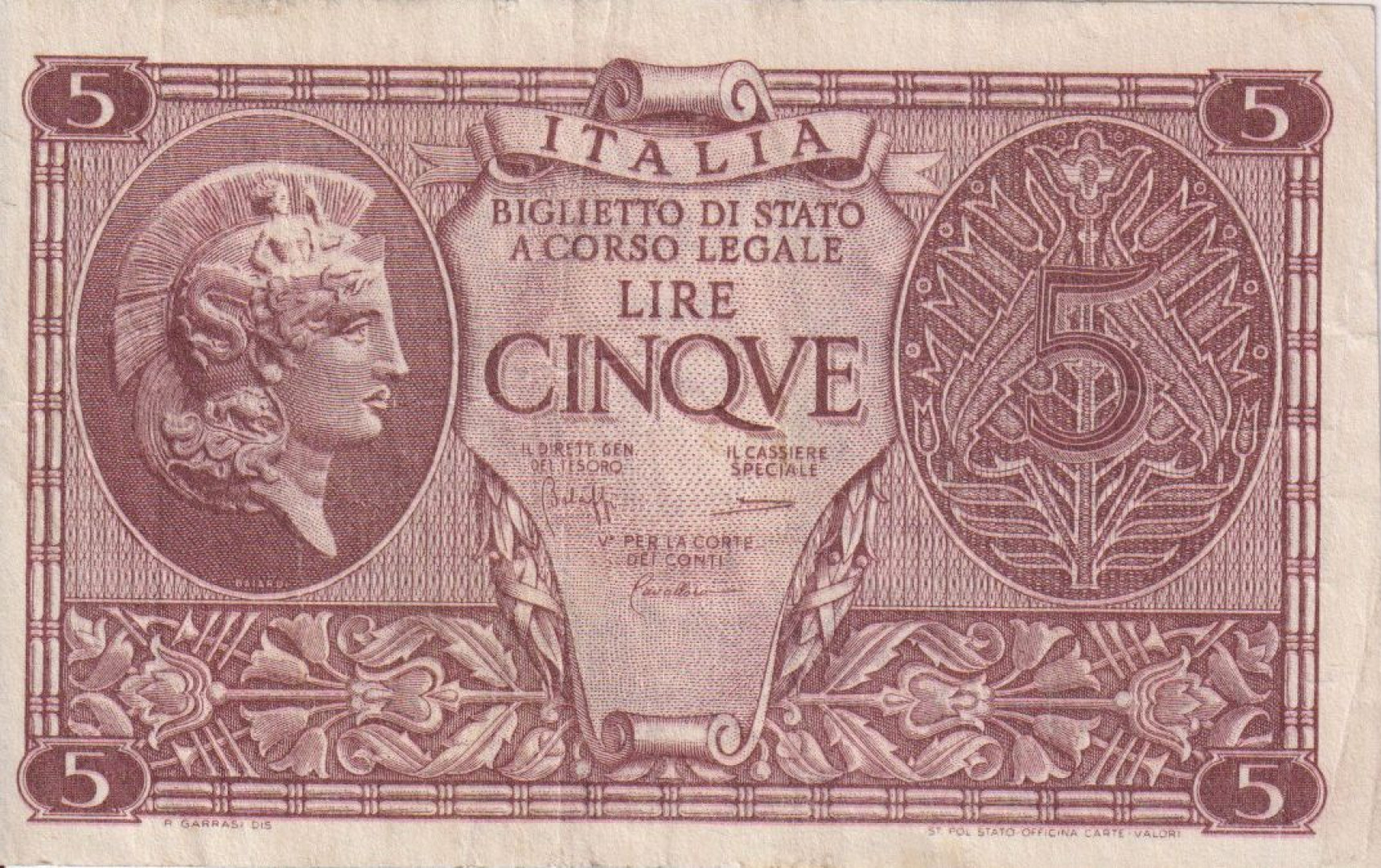 Olaszország 5 lira 1944.