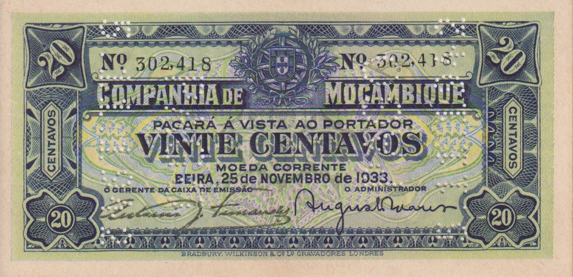 Mozambik 20 centavos 1933. perf.1942.11.5.