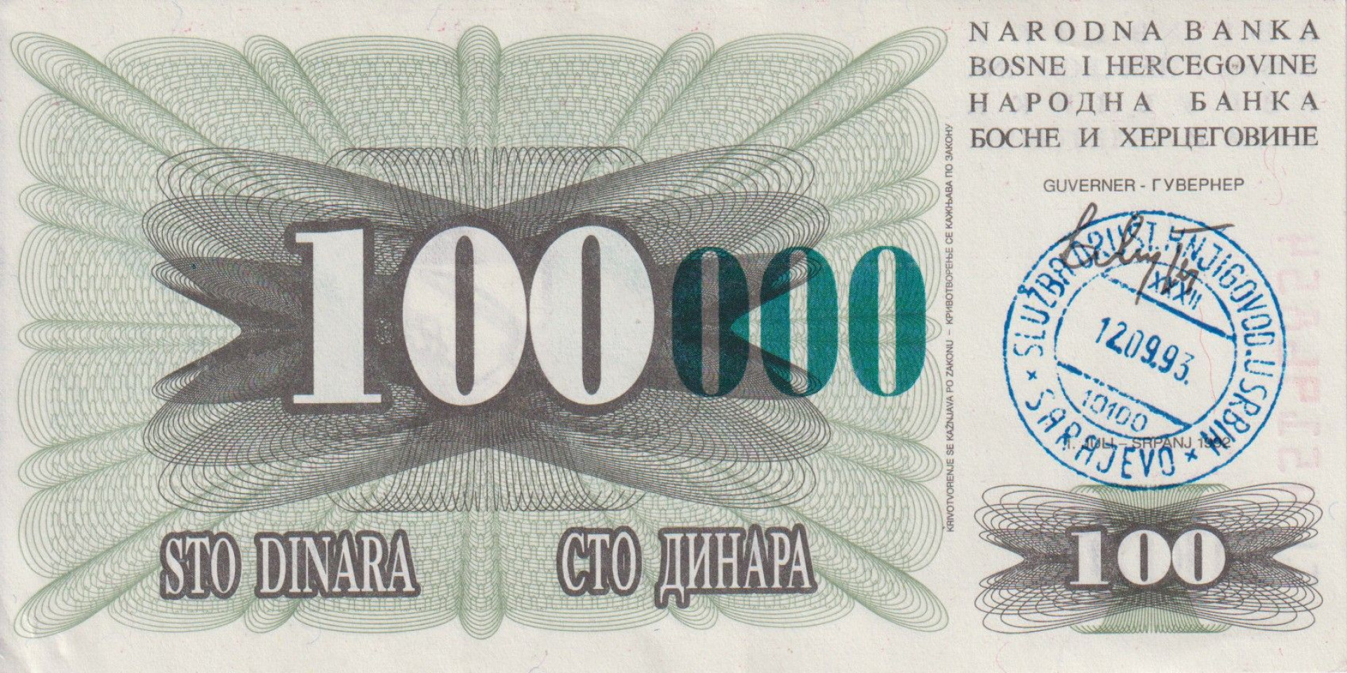Bosznia-Hercegovina 100.000 dinár 1993. zöld