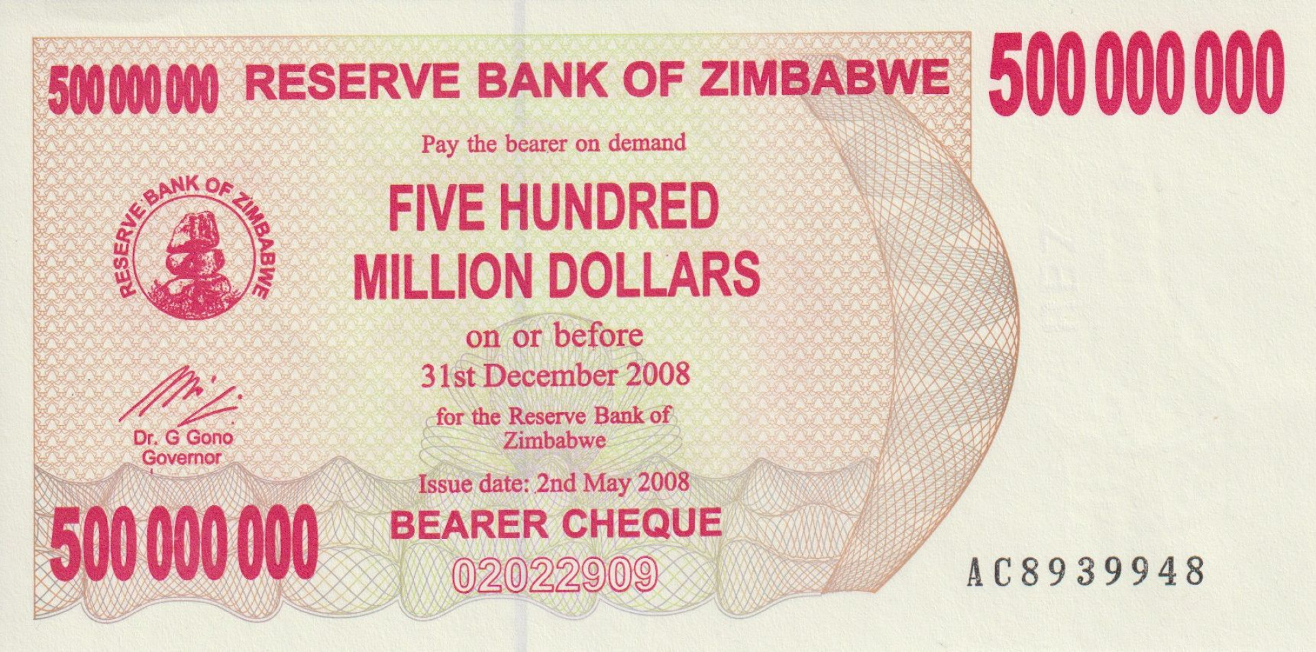 Zimbabwe 500.000.000 dollár 2008.