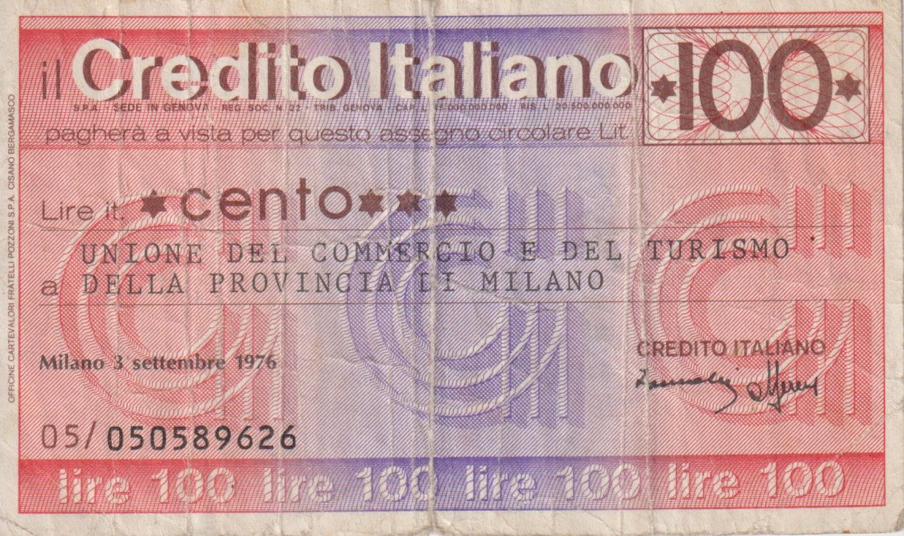 Olaszország 100 lira csekk 1977.