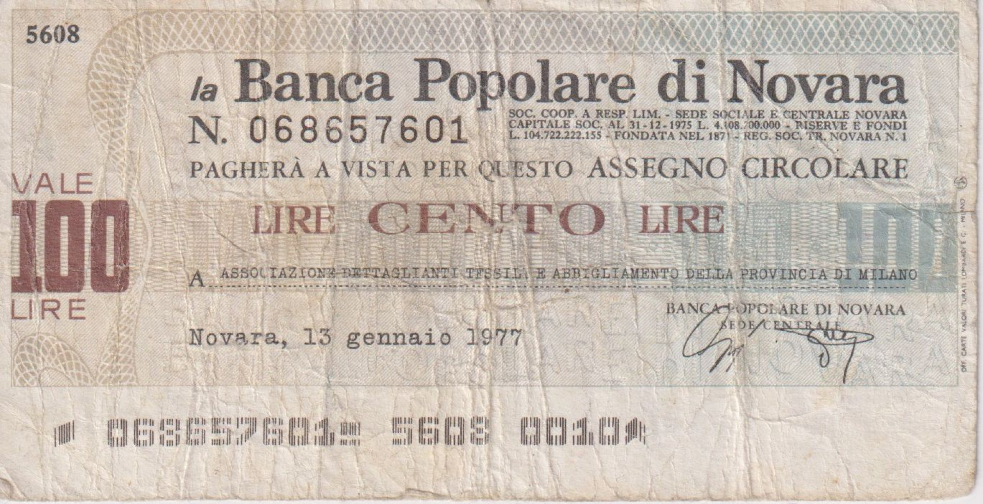 Olaszország 100 lira csekk 1976.