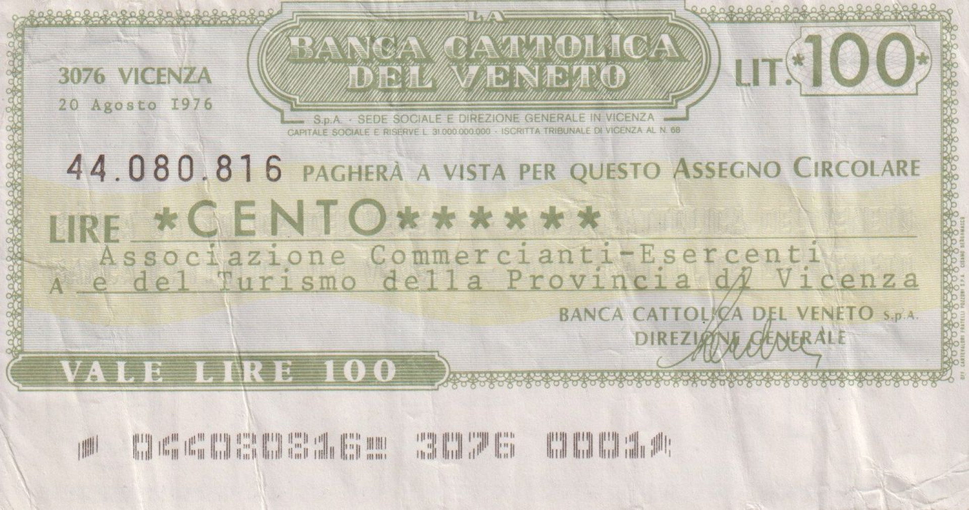 Olaszország 100 lira csekk 1976.