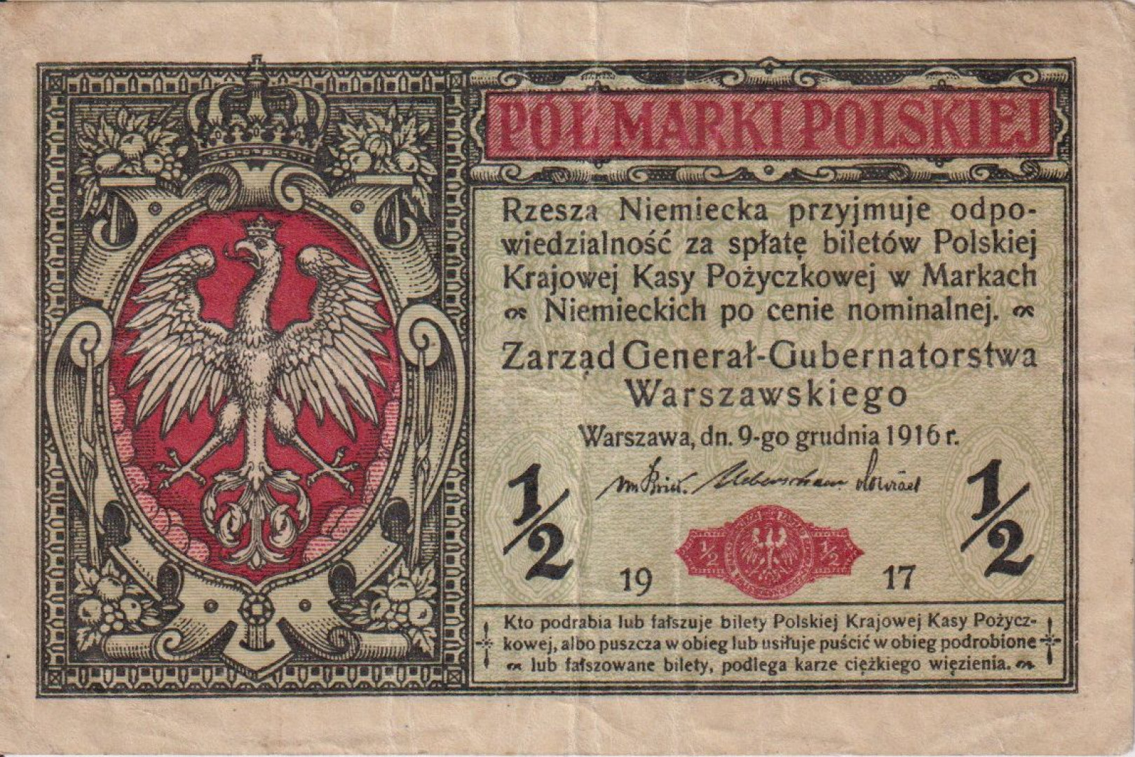 Lengyelország 1/2 márki 1917.   P 1