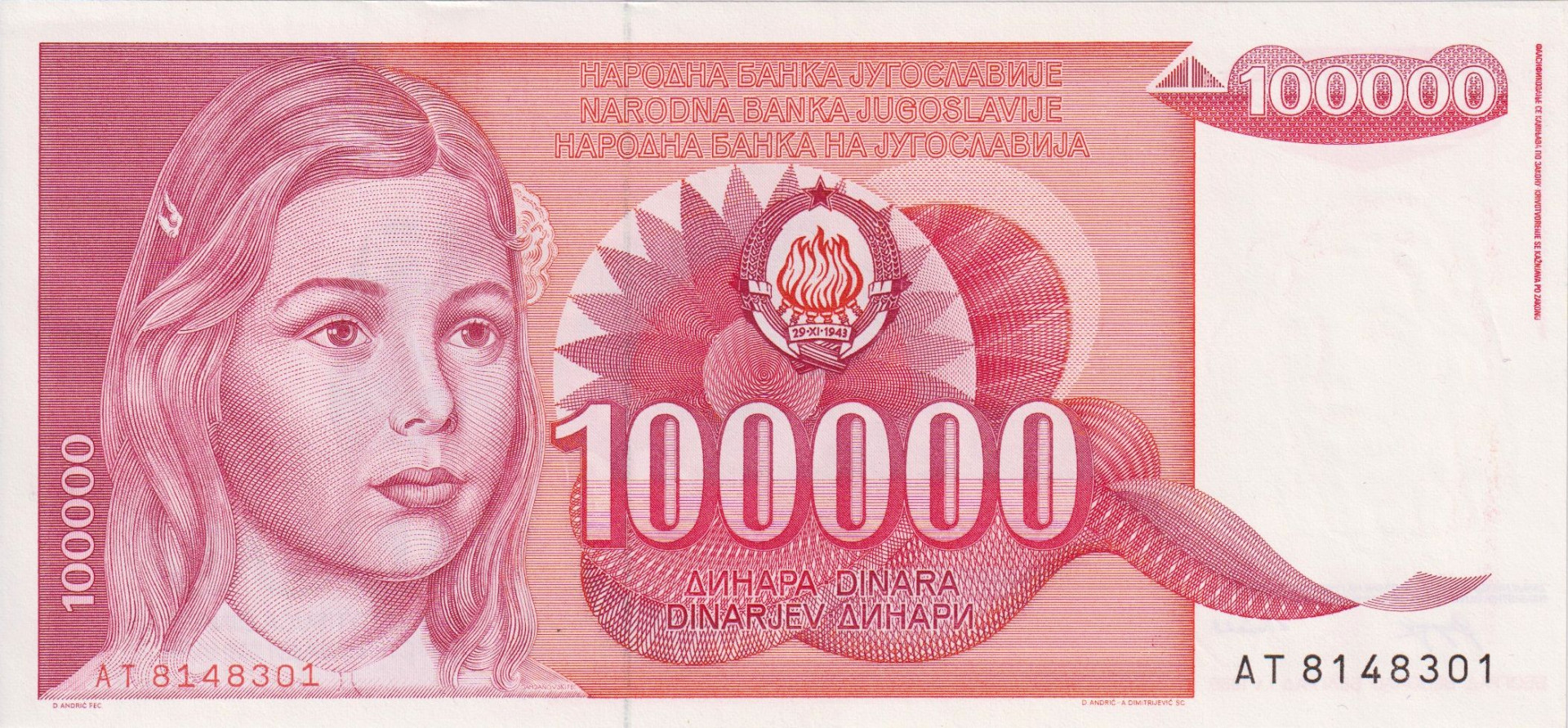 Jugoszlávia 100.000 dinár 1989.  P 96