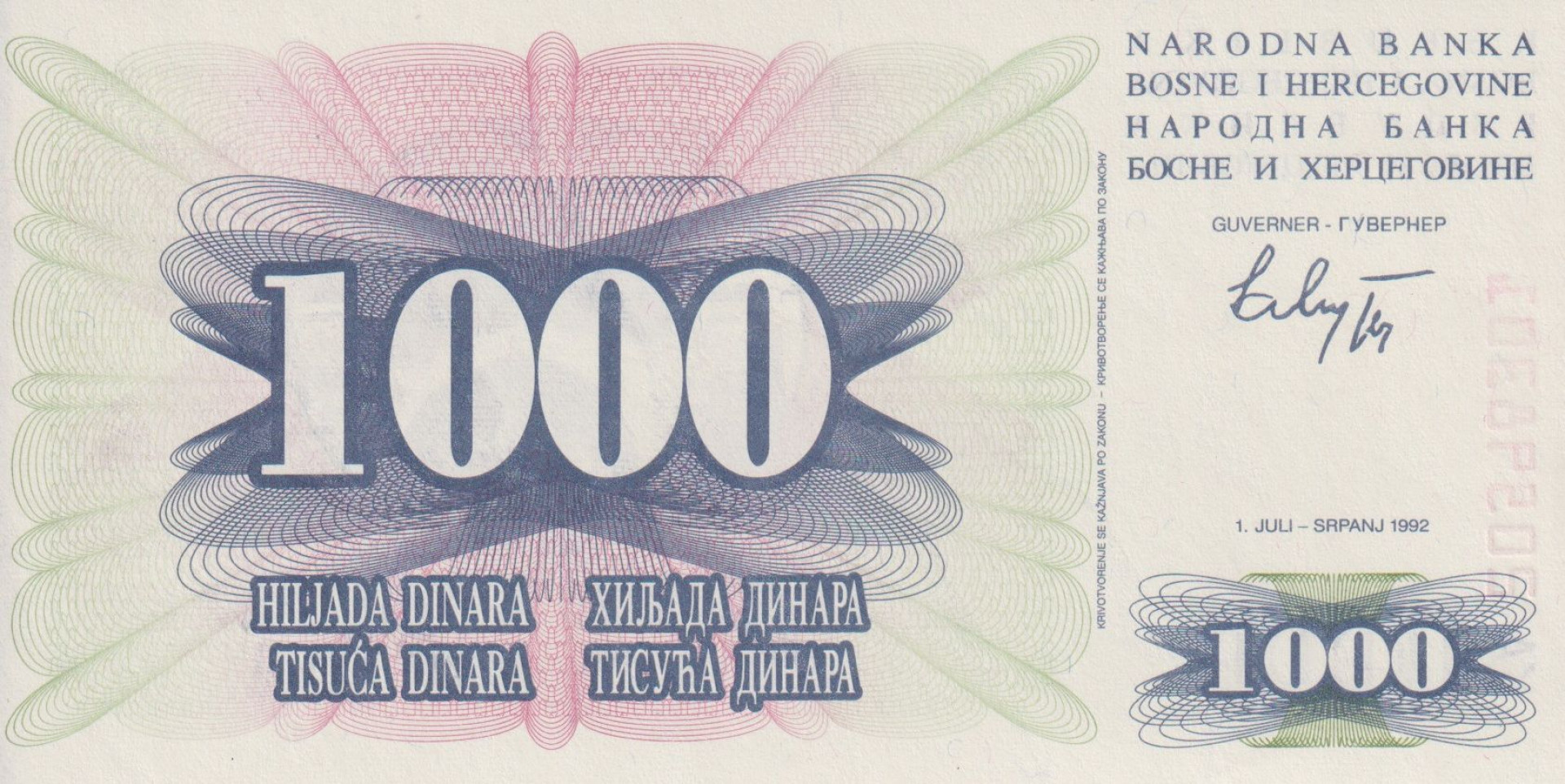 Bosznia-Hercegovina 1000 dinár 1992.   P 15