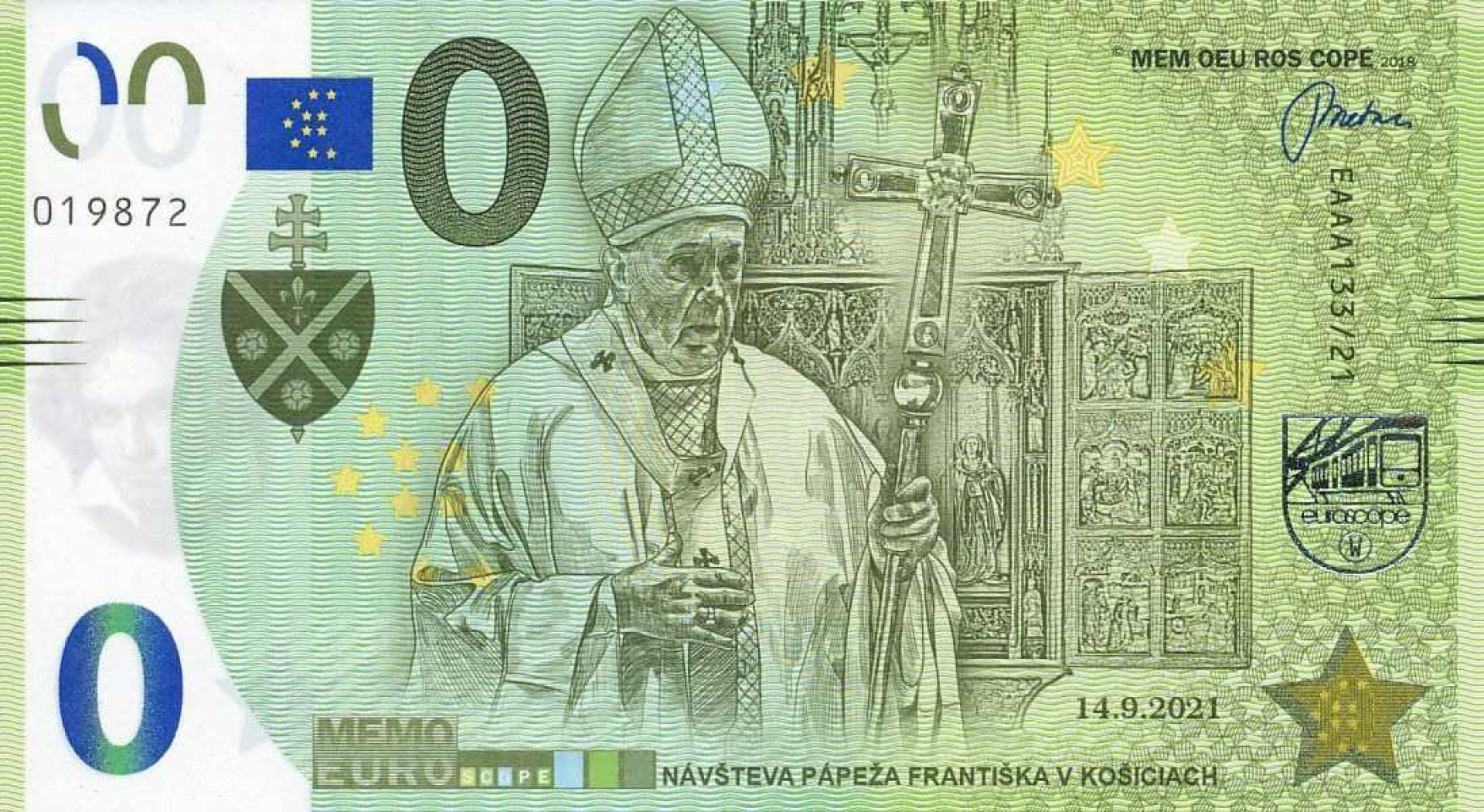 2021. "0"  Euro Ferenc pápa Kassán  Emlékbankjegy