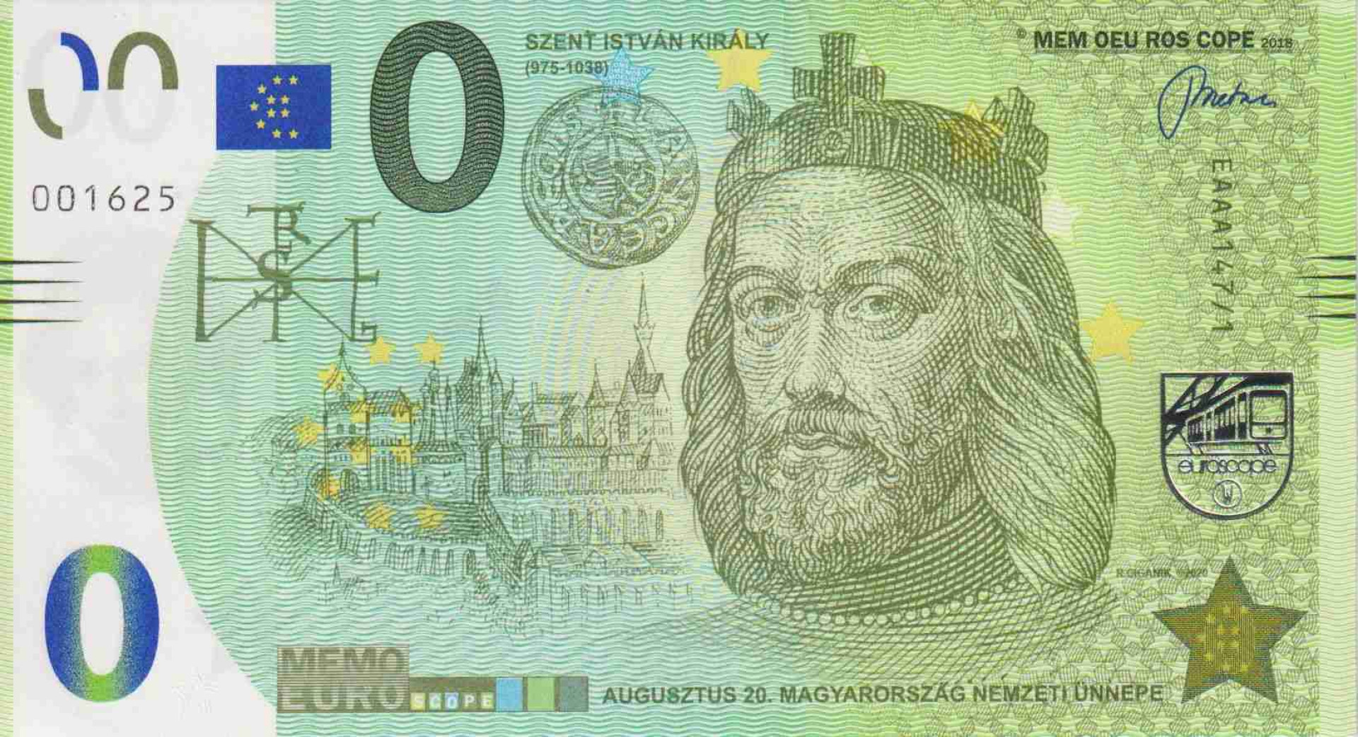 2018. "0" Euro Szent István király Emlékbankjegy