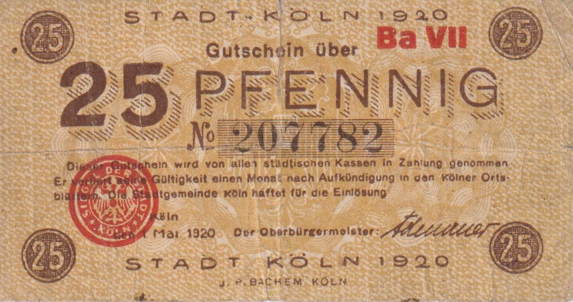 Németország Köln 25 pfennig 1920.
