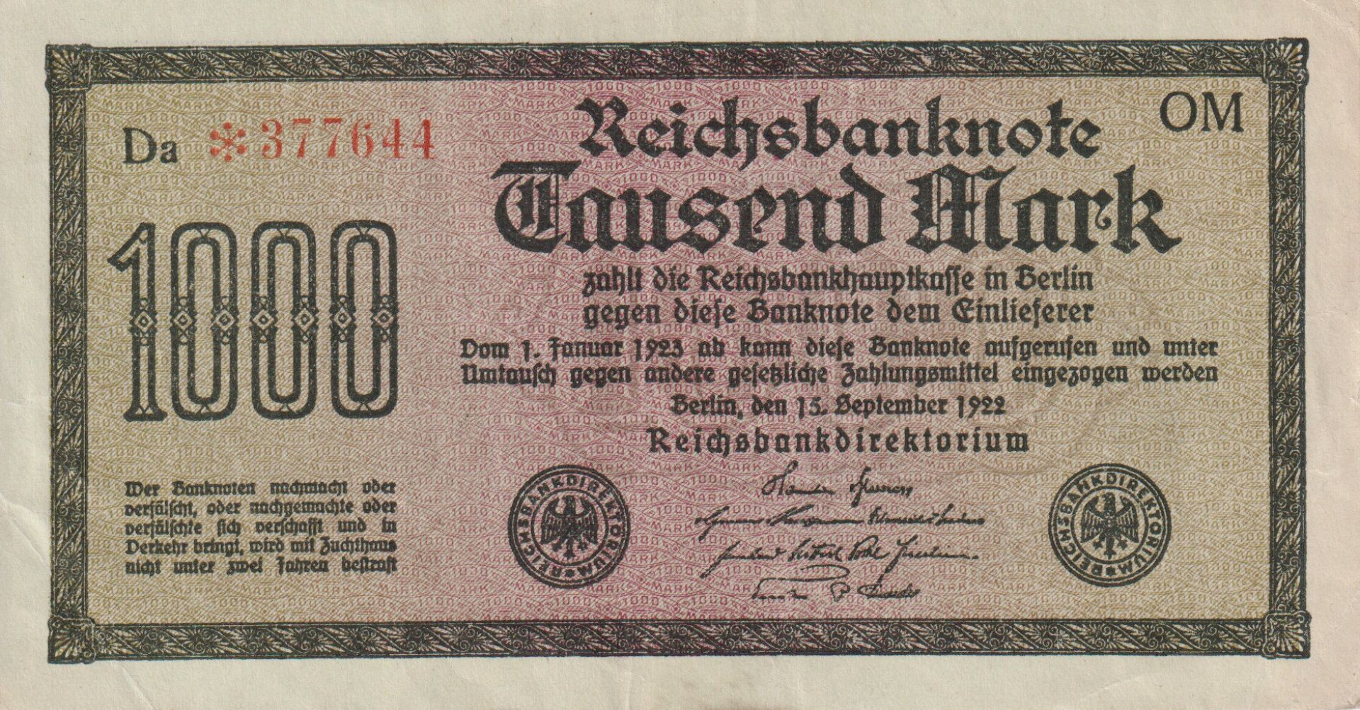 Németország 1000 márka 1922. Da-OM  P76