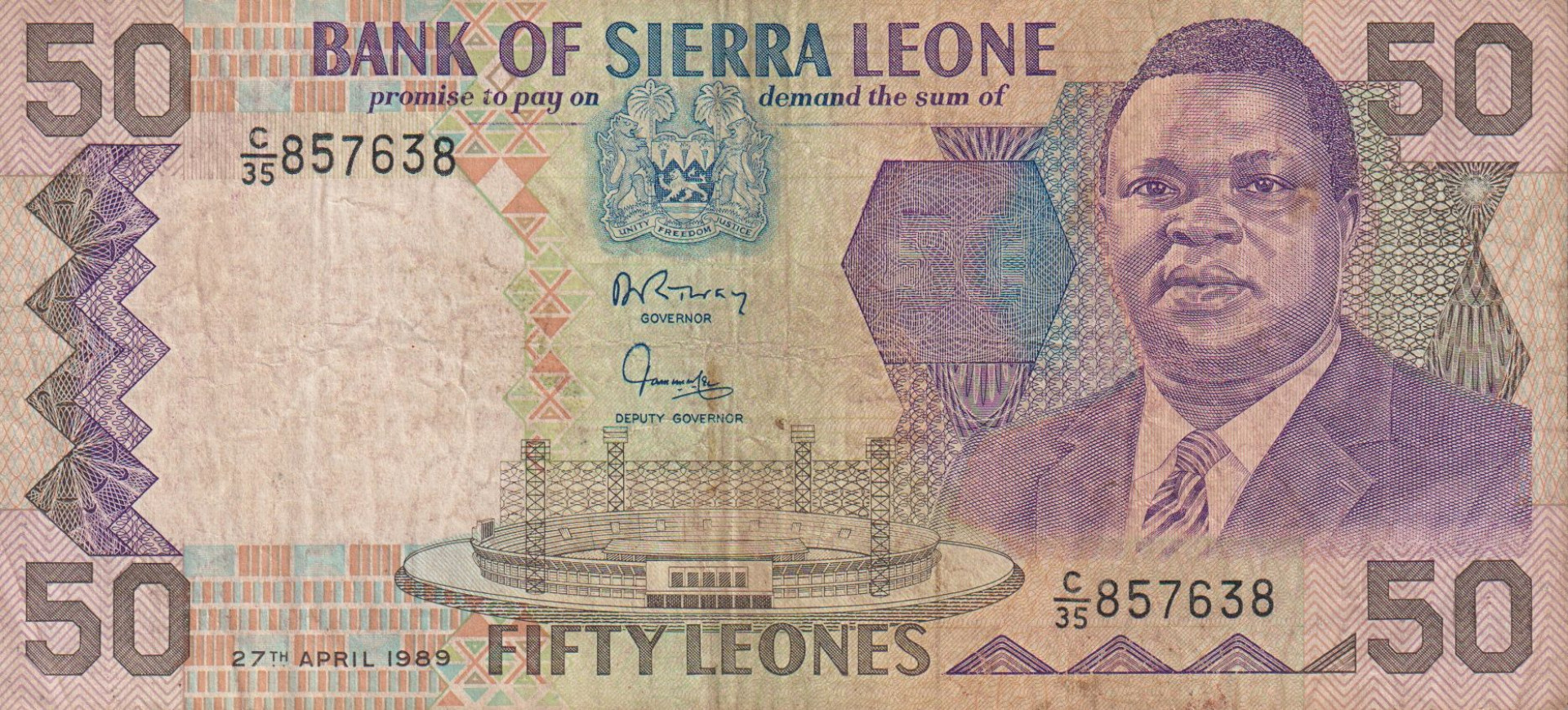 Sierra Leone 50 leones 1989.  P 17b