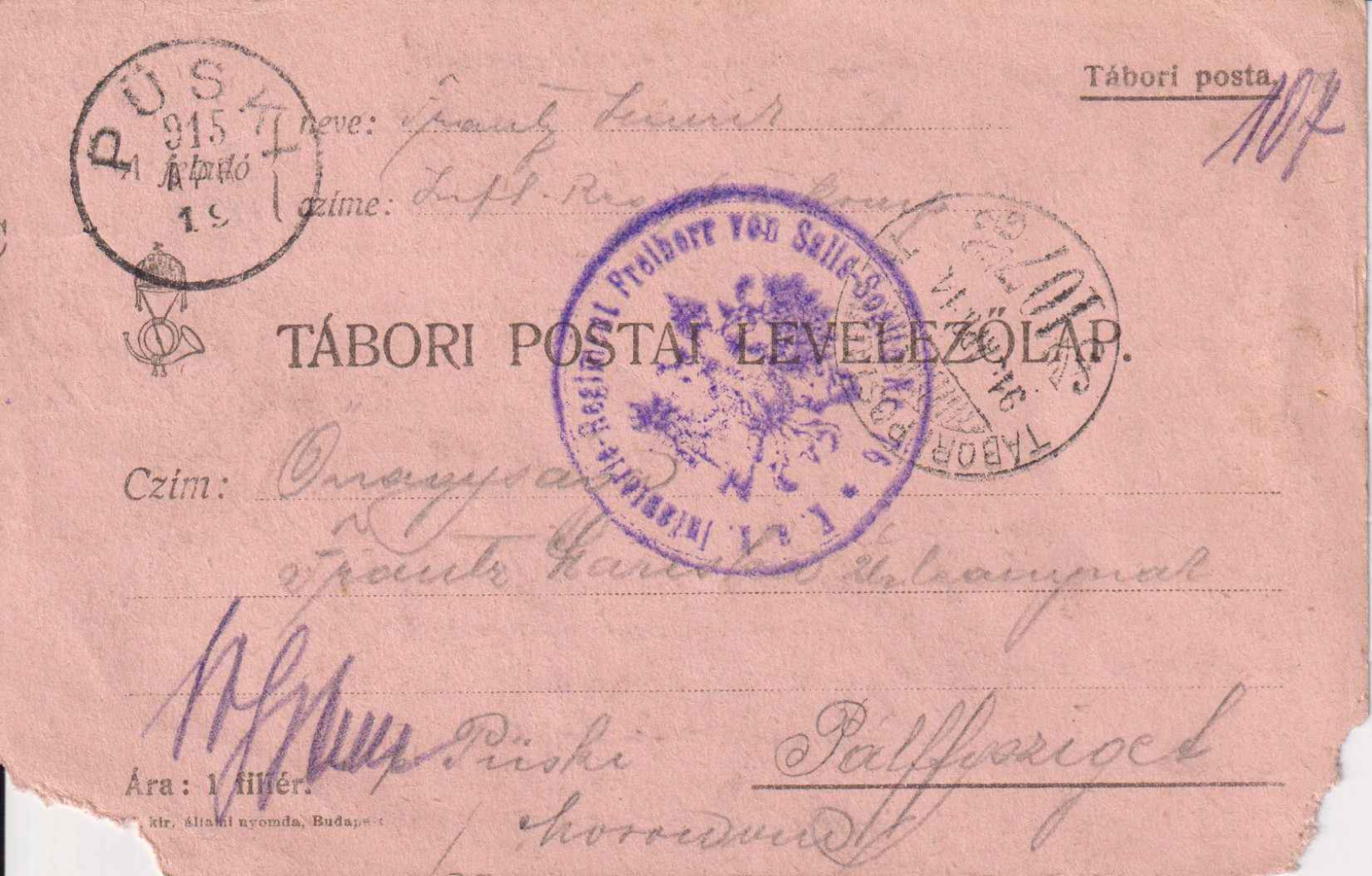 I.Vh.1915. Tábori Postai Levlap. TP. 107   No 76