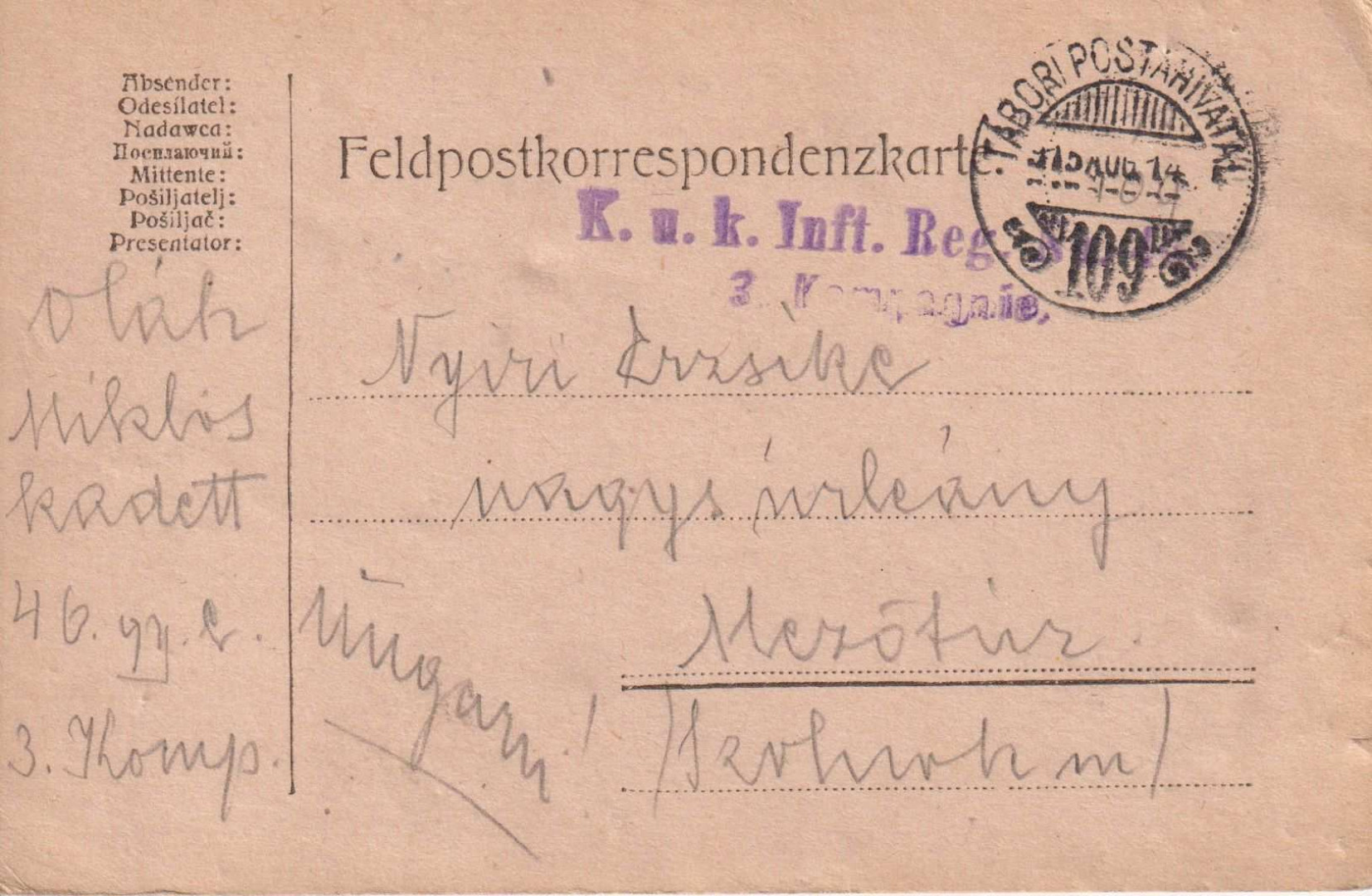 I.Vh.1915. Tábori Postai Levlap. TP. 109  No 46