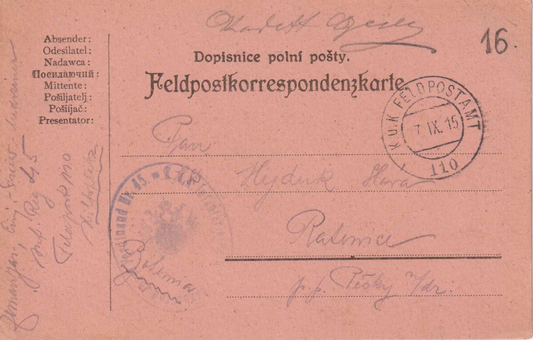 I.Vh.1915. Tábori Postai Levlap. TP. 110  No 45