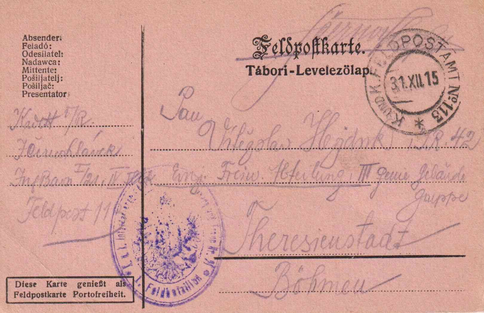 I.Vh.1915. Tábori Postai Levlap. TP. 113  No 21