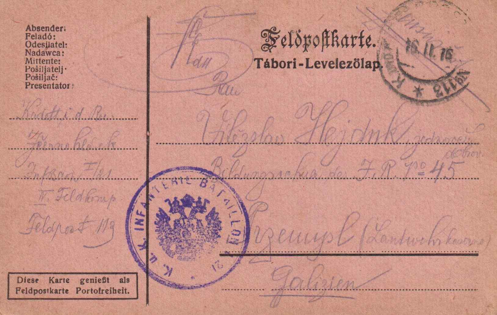 I.Vh.1916. Tábori Postai Levlap. TP. 113  No I./21