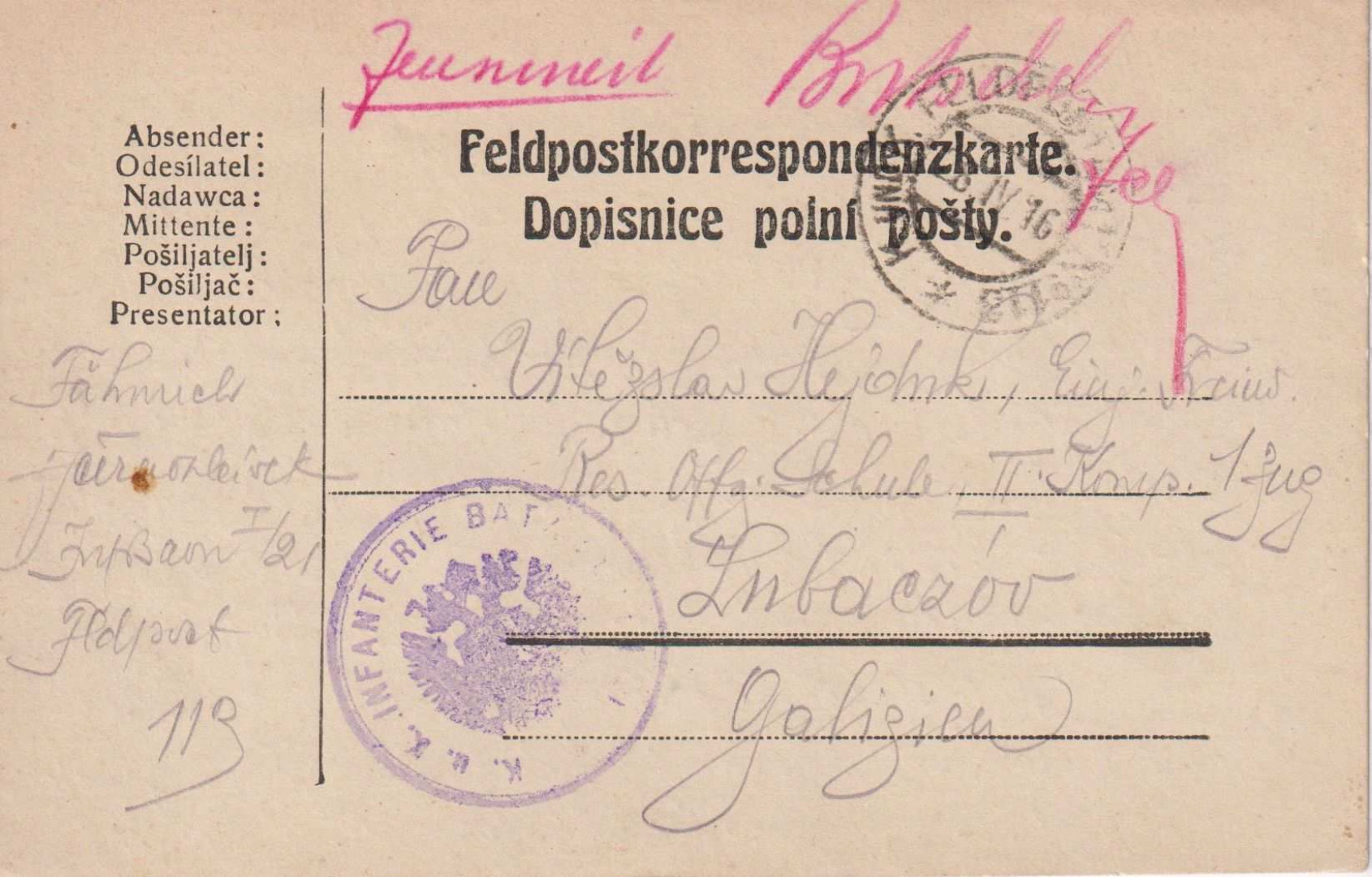 I.Vh.1916. Tábori Postai Levlap. TP. 113  No I./21