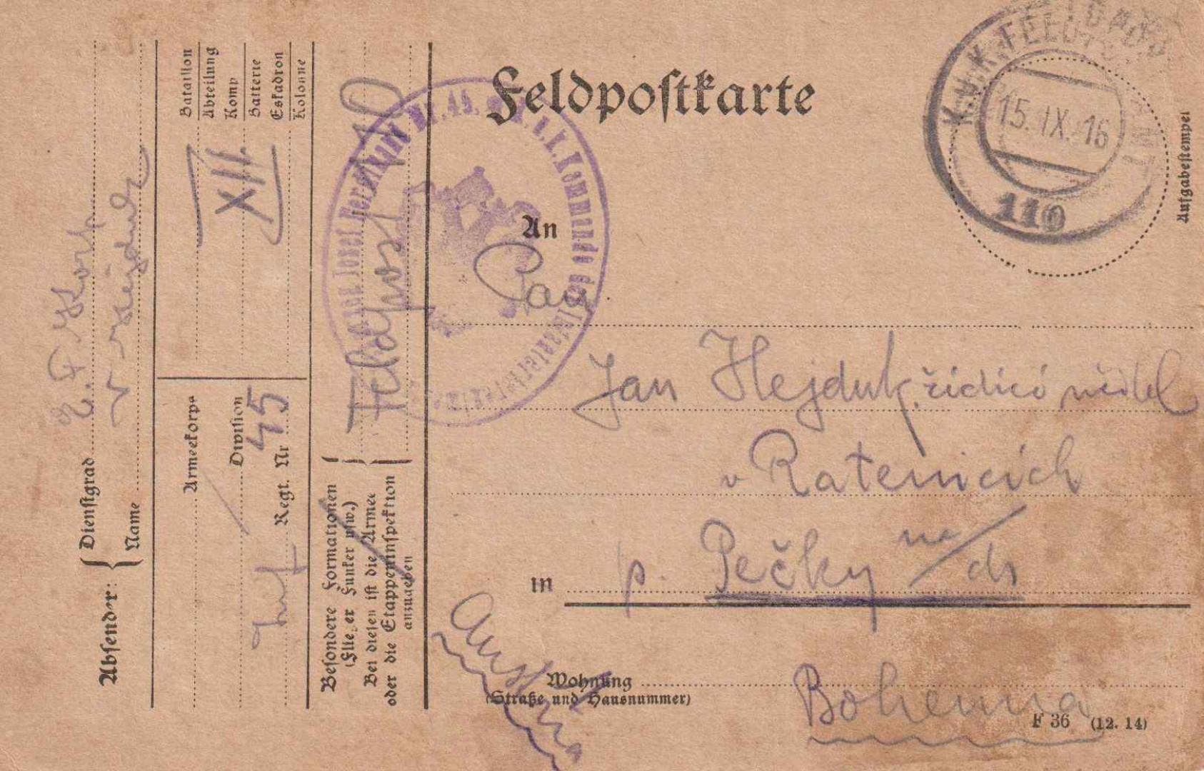 I.Vh.1916. Tábori Postai Levlap. TP. 110  No 45