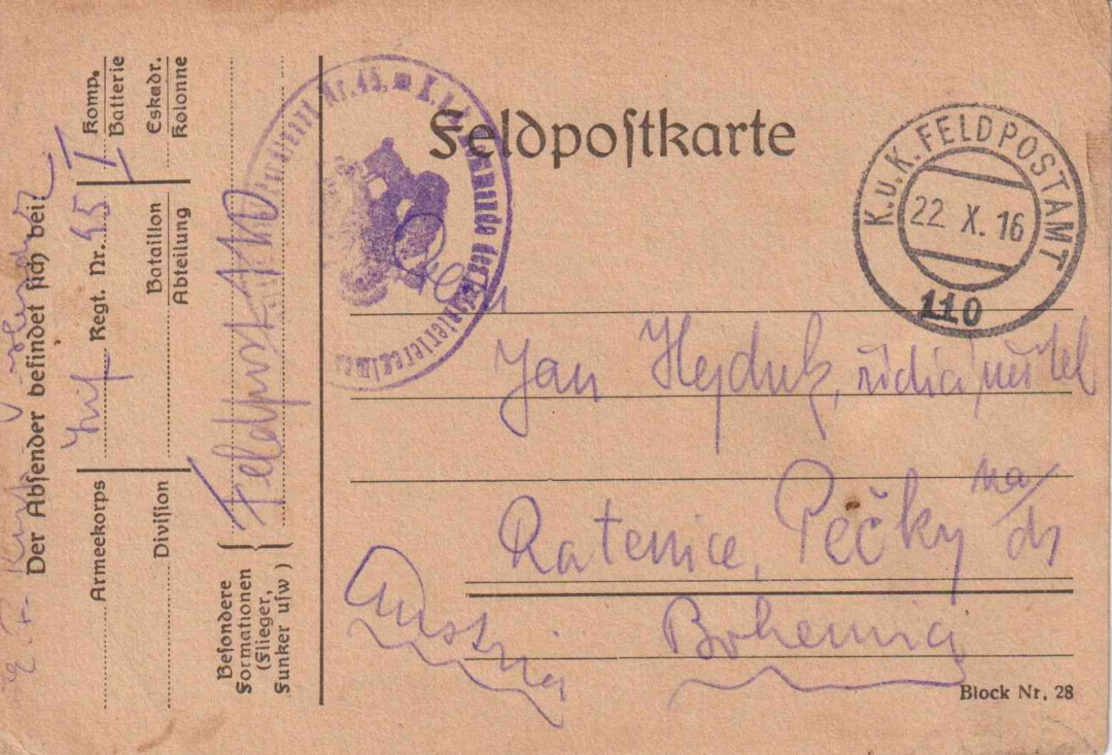I.Vh.1916. Tábori Postai Levlap. TP. 110  No 45