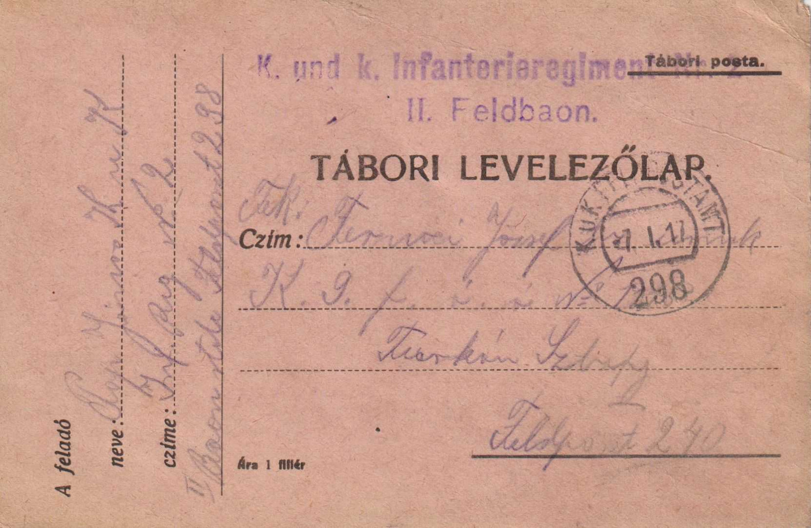 I.Vh.1916. Tábori Postai Levlap. TP. 298  Nr. 2