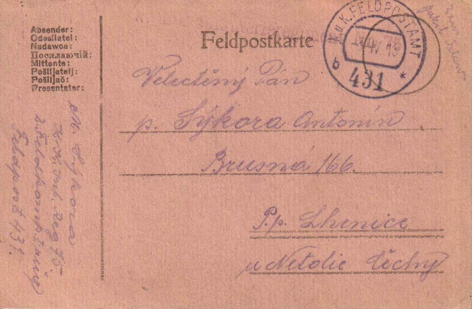 I.Vh.1916. Tábori Postai Levlap. TP. B 431   Nr. 75
