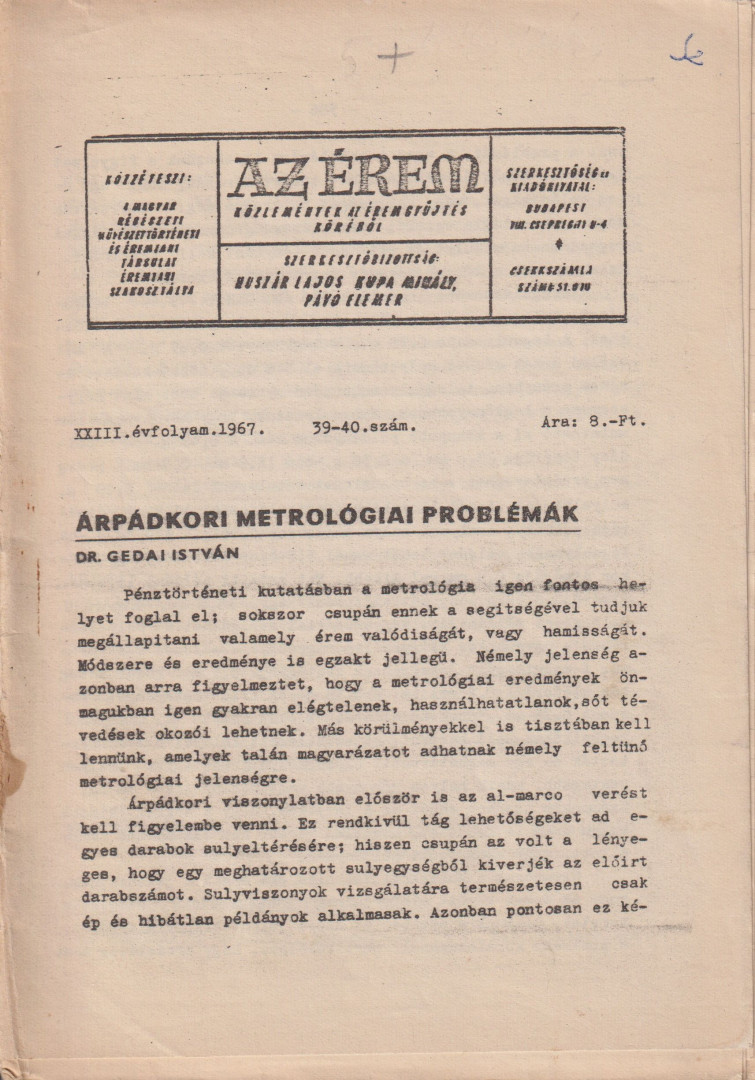 Az Érem XXIII. Évfolyam 1967. 39-40 szám