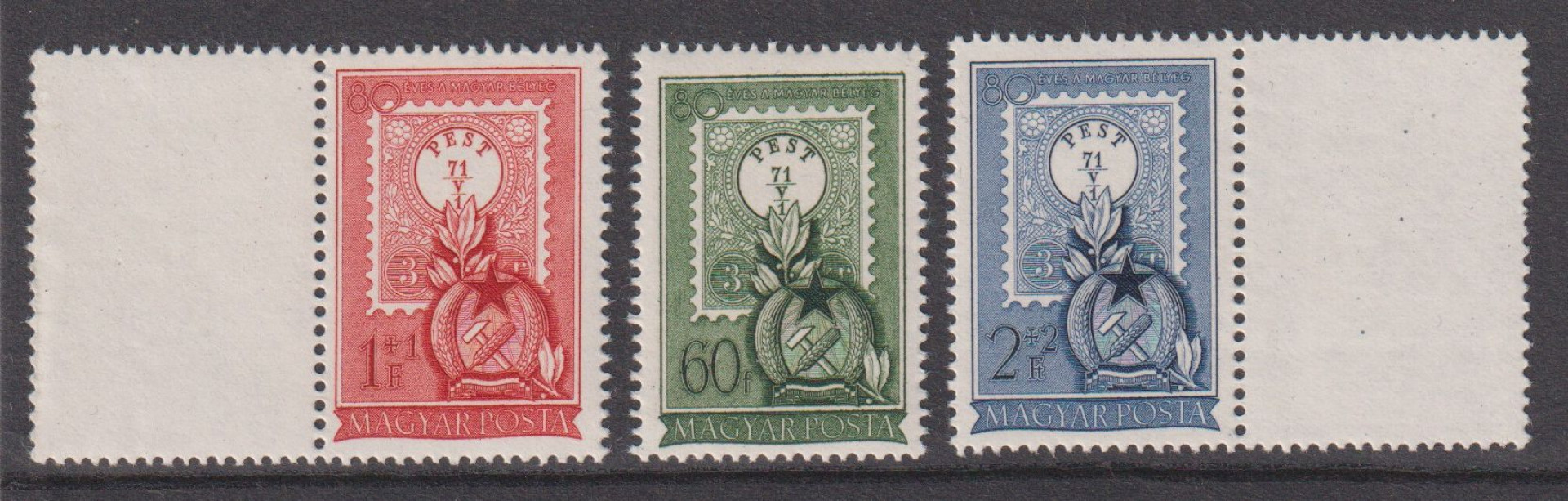 1951.Bélyegnap 24, (1255-1257)** 80 éves a magyar bélyeg