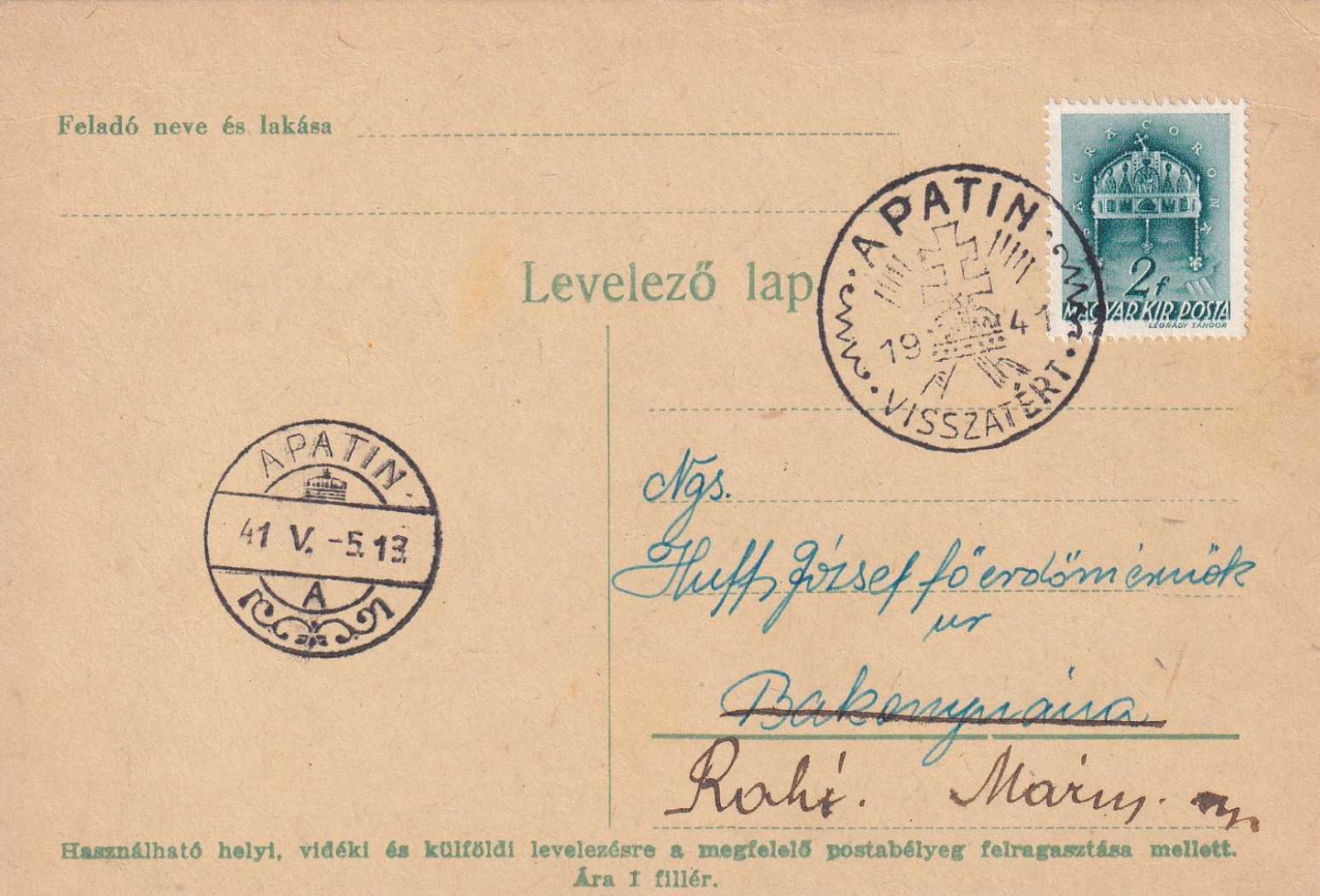 1941. APATIN Visszatért levelezőlap