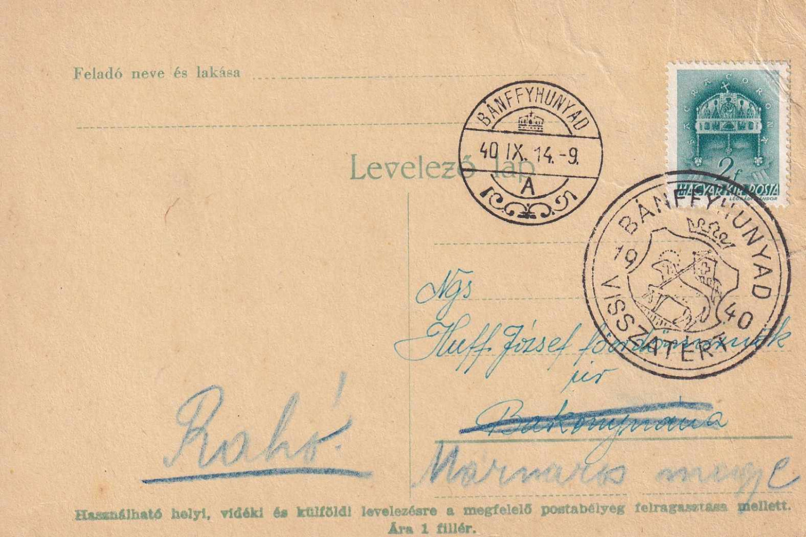 1940. BÁNFFYHUNYAD Visszatért levelezőlap