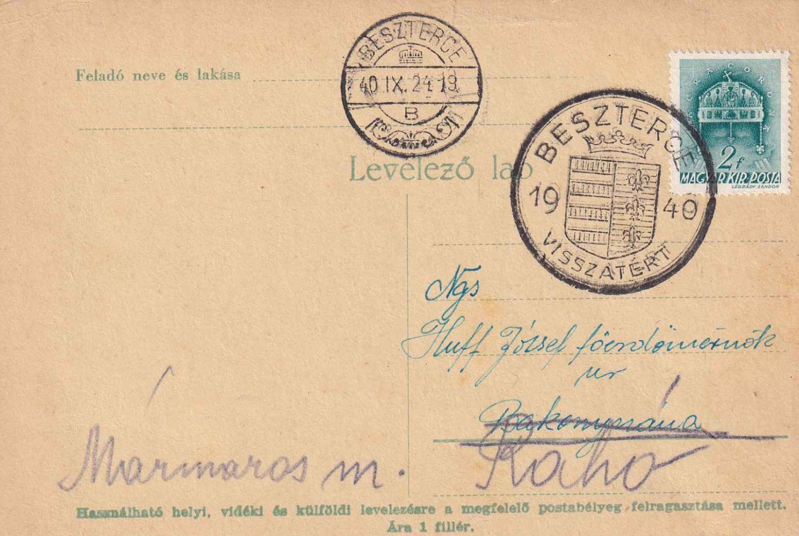 1940. BESZTERCE Visszatért levelezőlap
