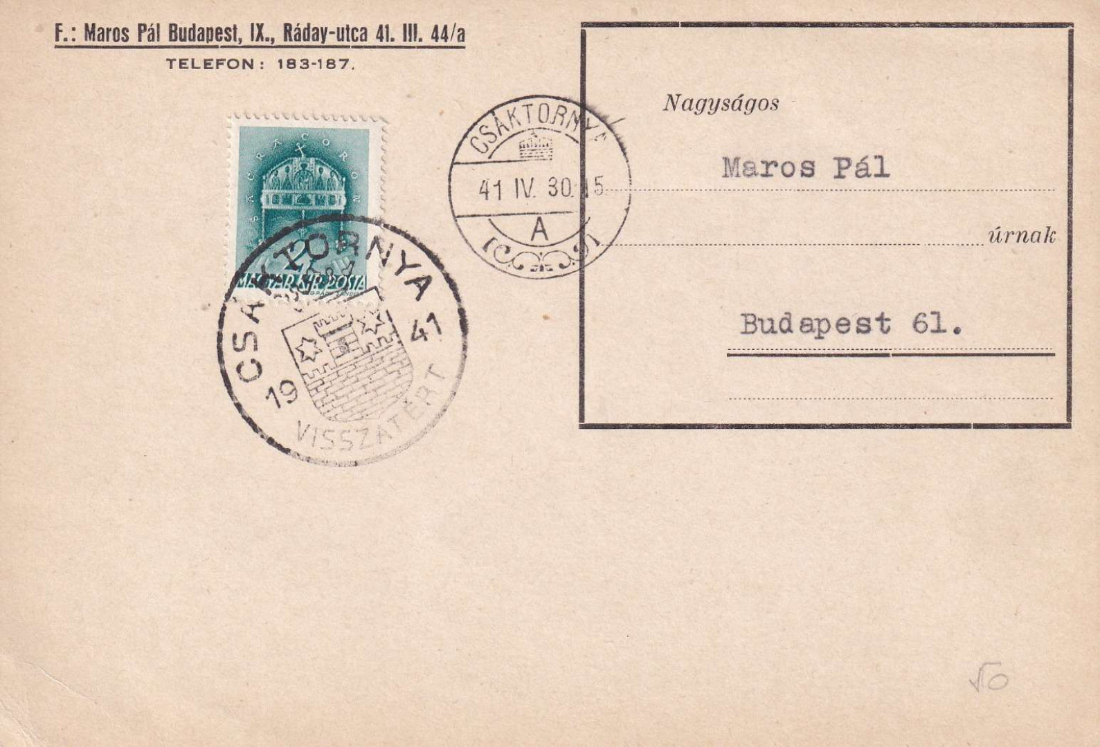 1941. CSÁKTORNYA Visszatért levelezőlap