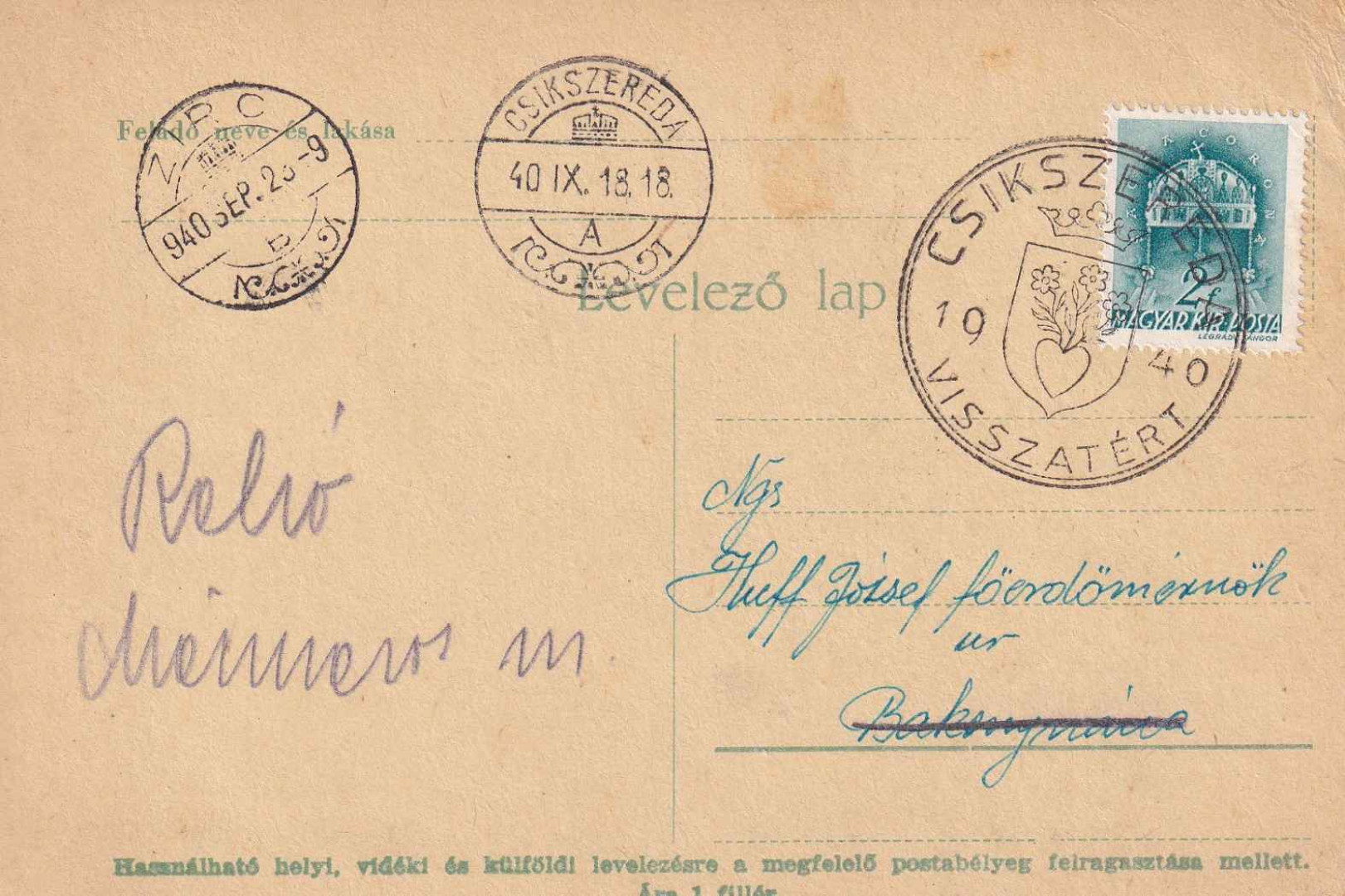1940. CSIKSZEREDA Visszatért levelezőlap