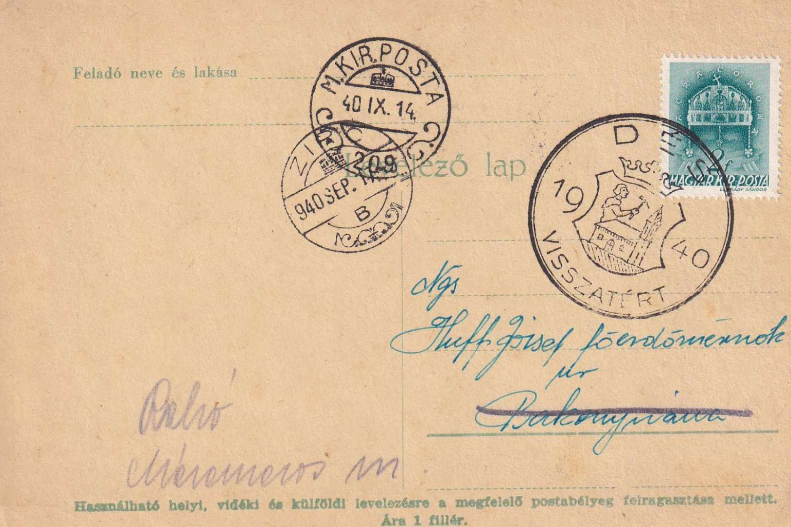 1940. DÉS Visszatért levelezőlap