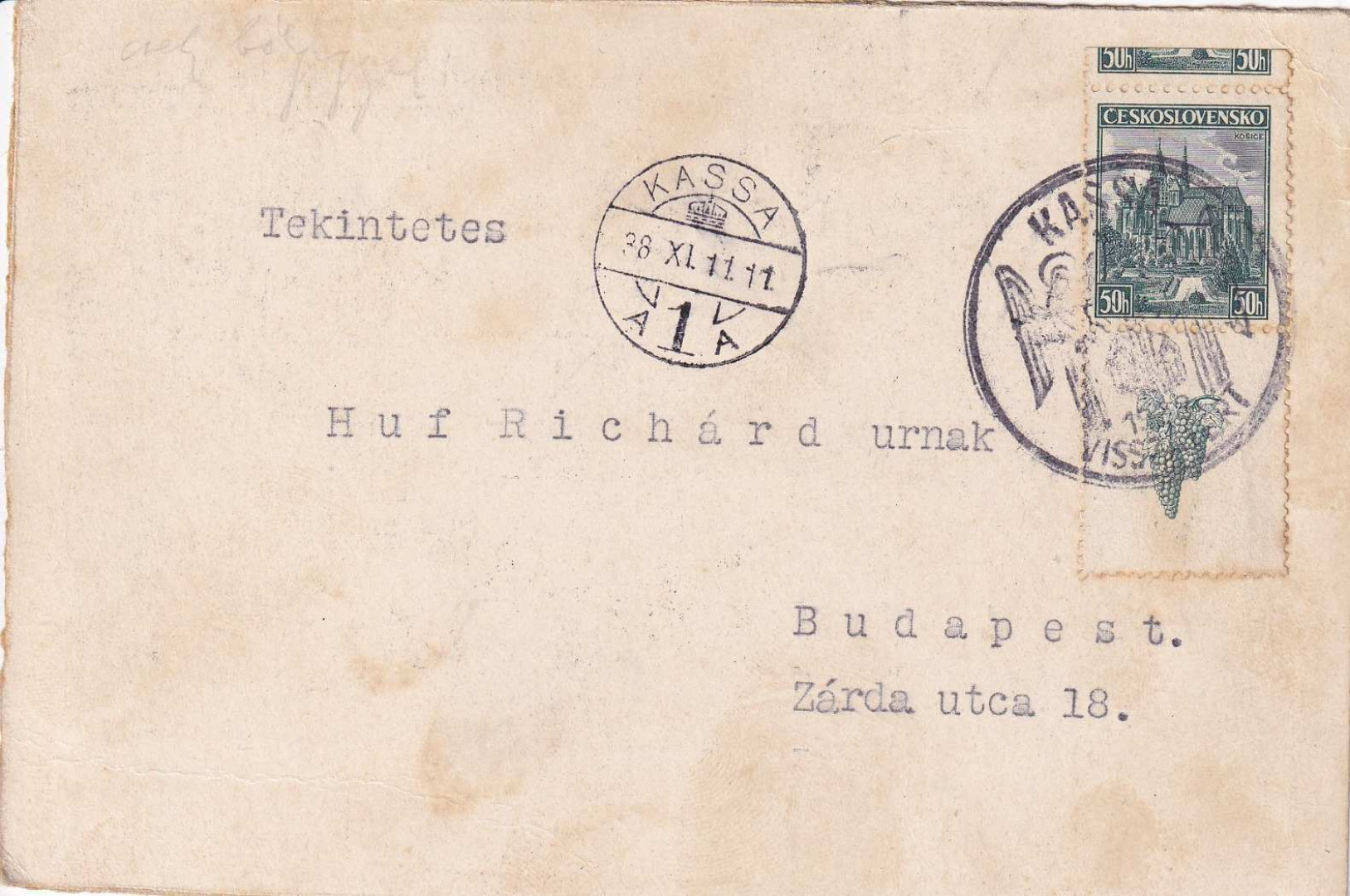 1938. KASSA Visszatért levelezőlapon