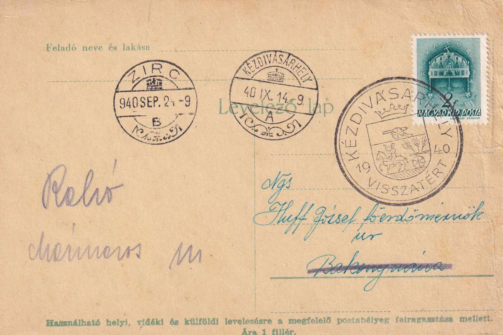 1940. KÉZDIVÁSÁRHELY Visszatért levelezőlap