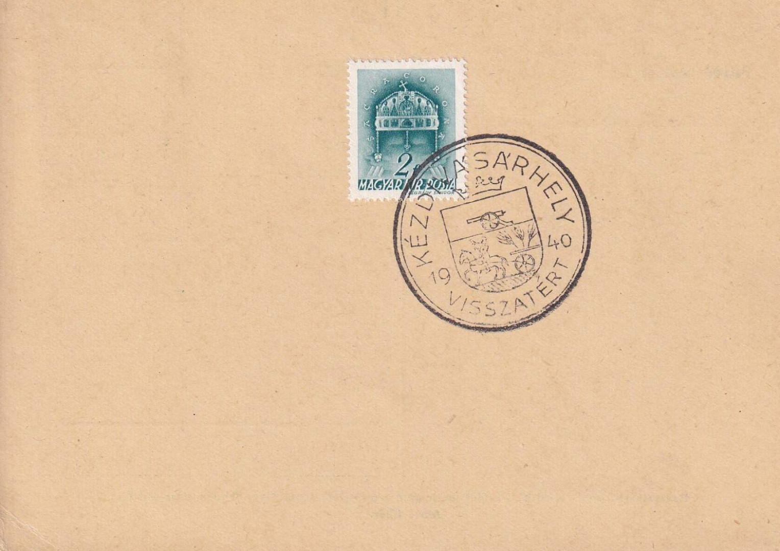 1940. KÉZDIVÁSÁRHELY Visszatért levlap. 2 lei bélyeg