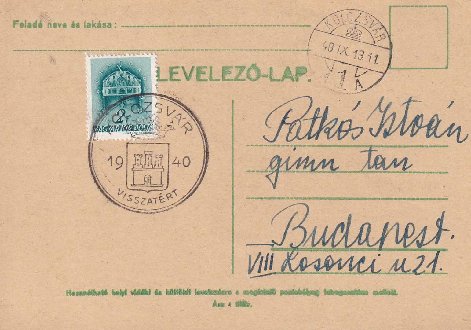 1940. KOLOZSVÁR Visszatért levelezőlap