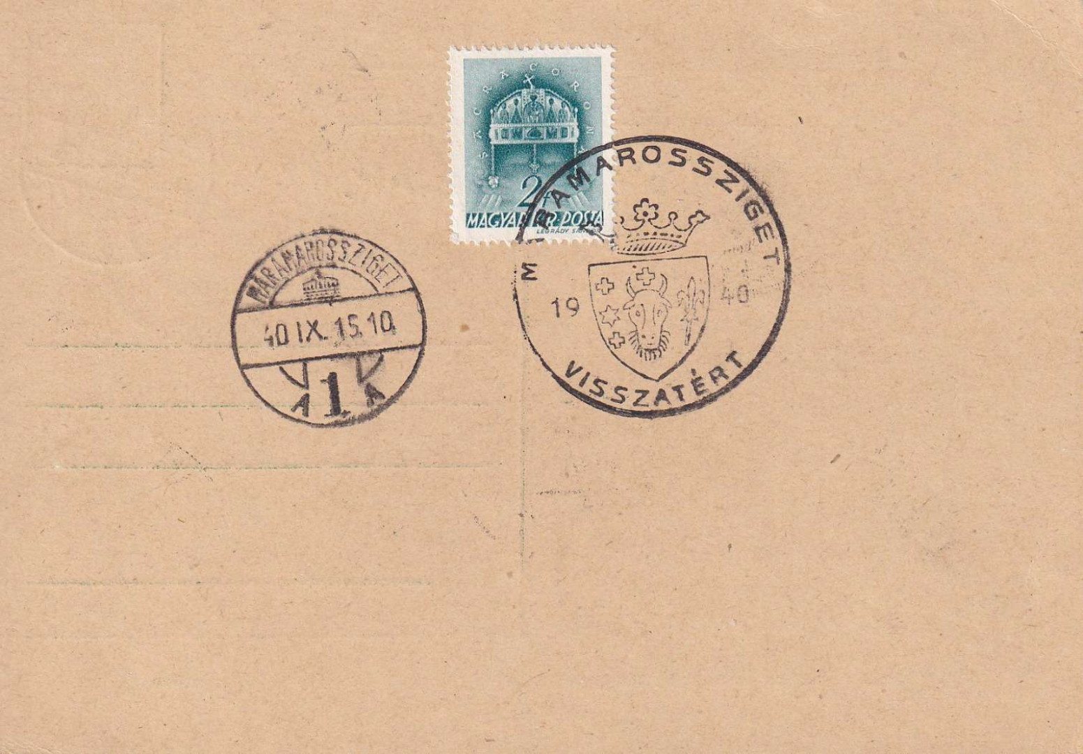 1940. MÁRAMAROSSZIGET Visszatért levelezőlap