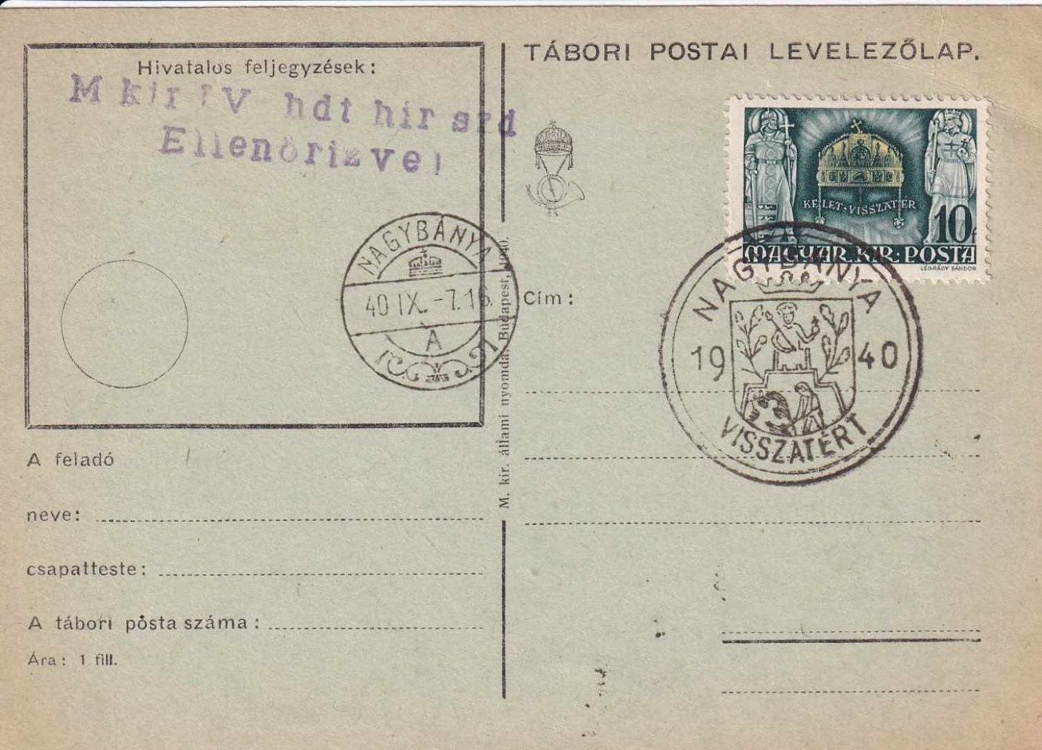 1940. NAGYBÁNYA Visszatért Tábori Postai levlap.