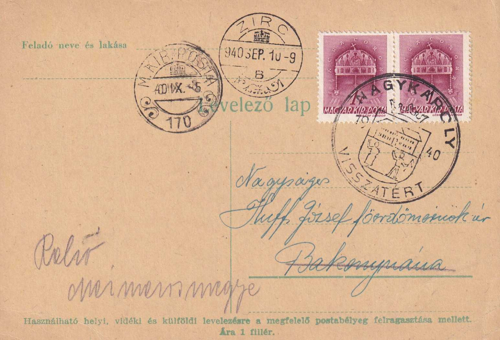 1940. NAGYKÁROLY Visszatért levelezőlap